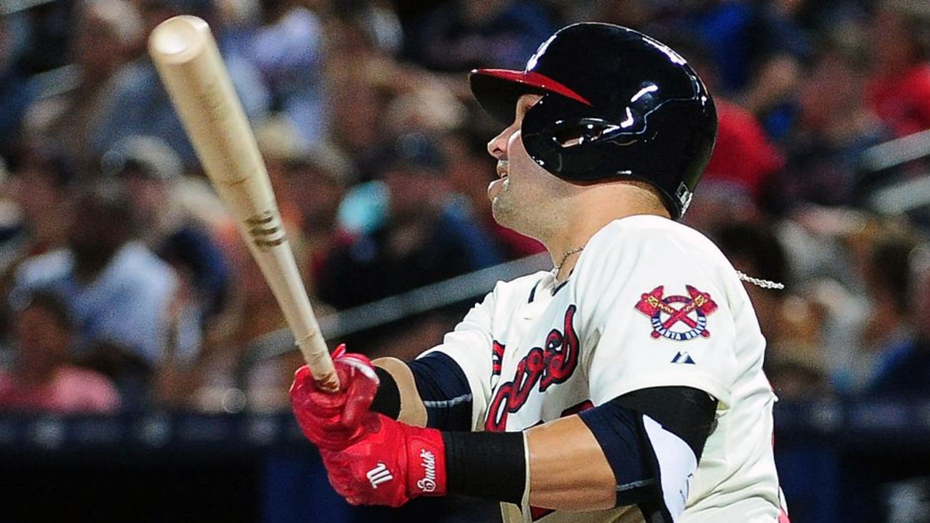 ATLANTA, GA - AUGUST 8: Nick Swisher #23 of the Atlanta Braves knocks in two runs with a seventh inning double against the Miami Marlins at Turner Field on August 8, 2015 in Atlanta, Georgia. (Photo by Scott Cunningham/Getty Images)