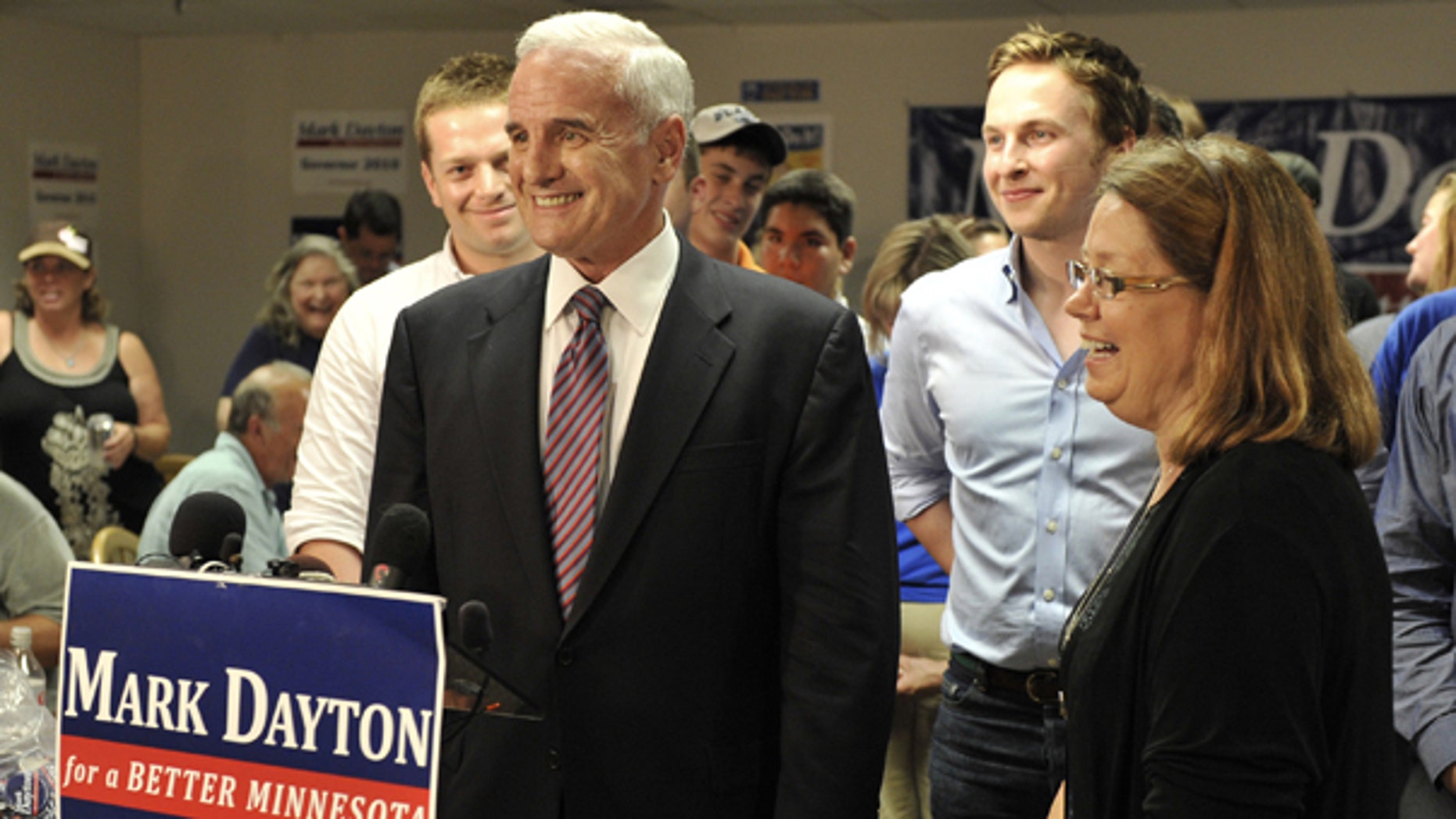 Aug. 10: Former U.S. Sen. Mark Dayton enjoys a laugh after addressing the media with his running mate, State Sen. Yvonne Prettner-Solon, after Dayton was named the winner of the Democratic gubernatorial primary election Tuesday night.