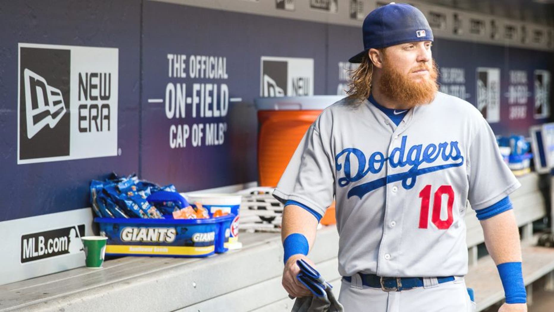 NEW YORK - JULY 24: Justin Turner #10 of the Los Angeles Dodgers looks on before the game against the New York Mets at Citi Field on July 24, 2015 in the Queens borough of New York City. (Photo by Rob Tringali/SportsChrome/Getty Images)