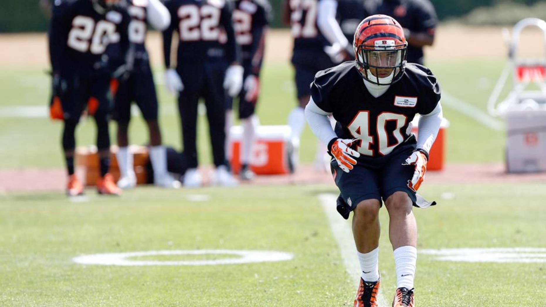 May 26, 2015; Cincinnati, OH, USA; Cincinnati Bengals safety Derron Smith (40) runs drills during OTAs at Paul Brown Stadium. Mandatory Credit: Aaron Doster-USA TODAY Sports