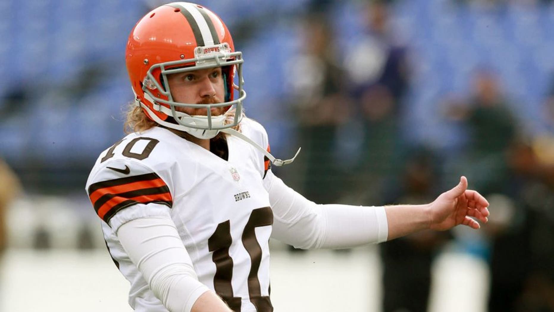 Dec 28, 2014; Baltimore, MD, USA; Cleveland Browns kicker Garrett Hartley (10) before the game against the Baltimore Ravens at M&T Bank Stadium. Mandatory Credit: Mitch Stringer-USA TODAY Sports