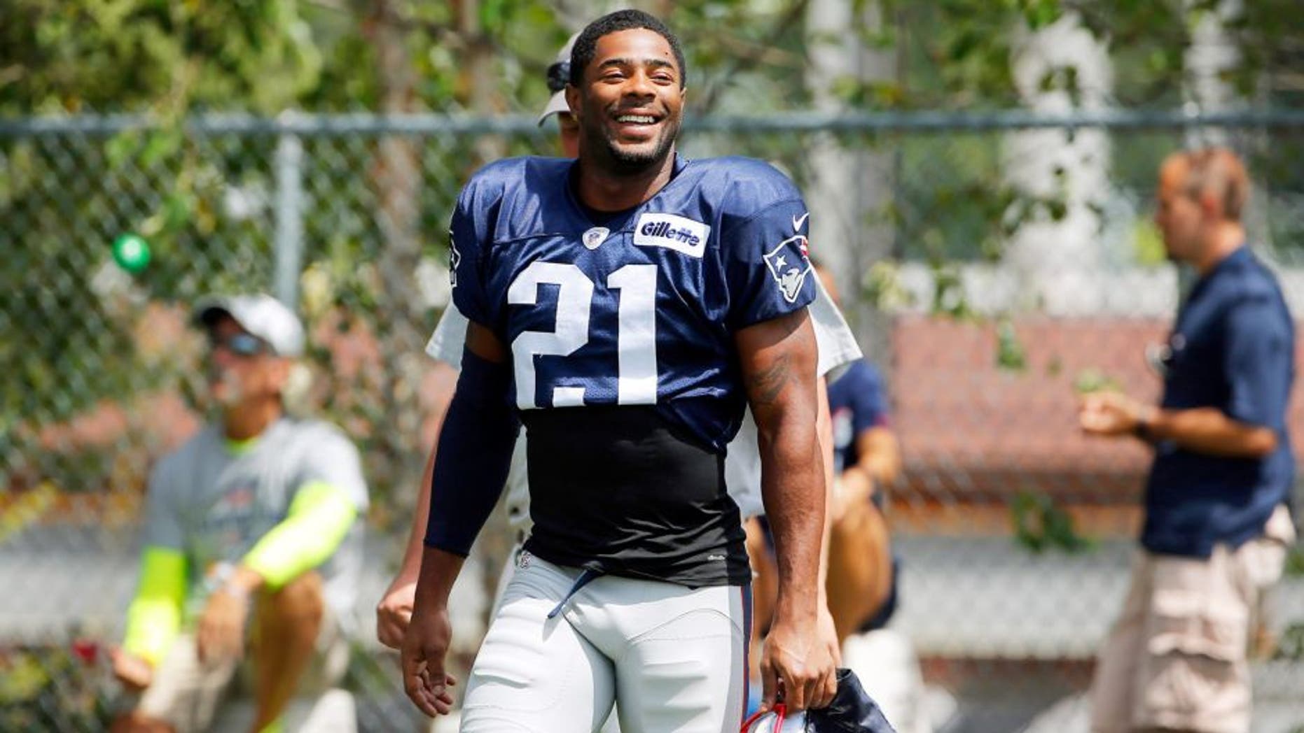 Aug 6, 2015; Foxborough, MA, USA; New England Patriots strong safety Malcolm Butler (21) smiles during training camp at Gillette Stadium. Mandatory Credit: Winslow Townson-USA TODAY Sports
