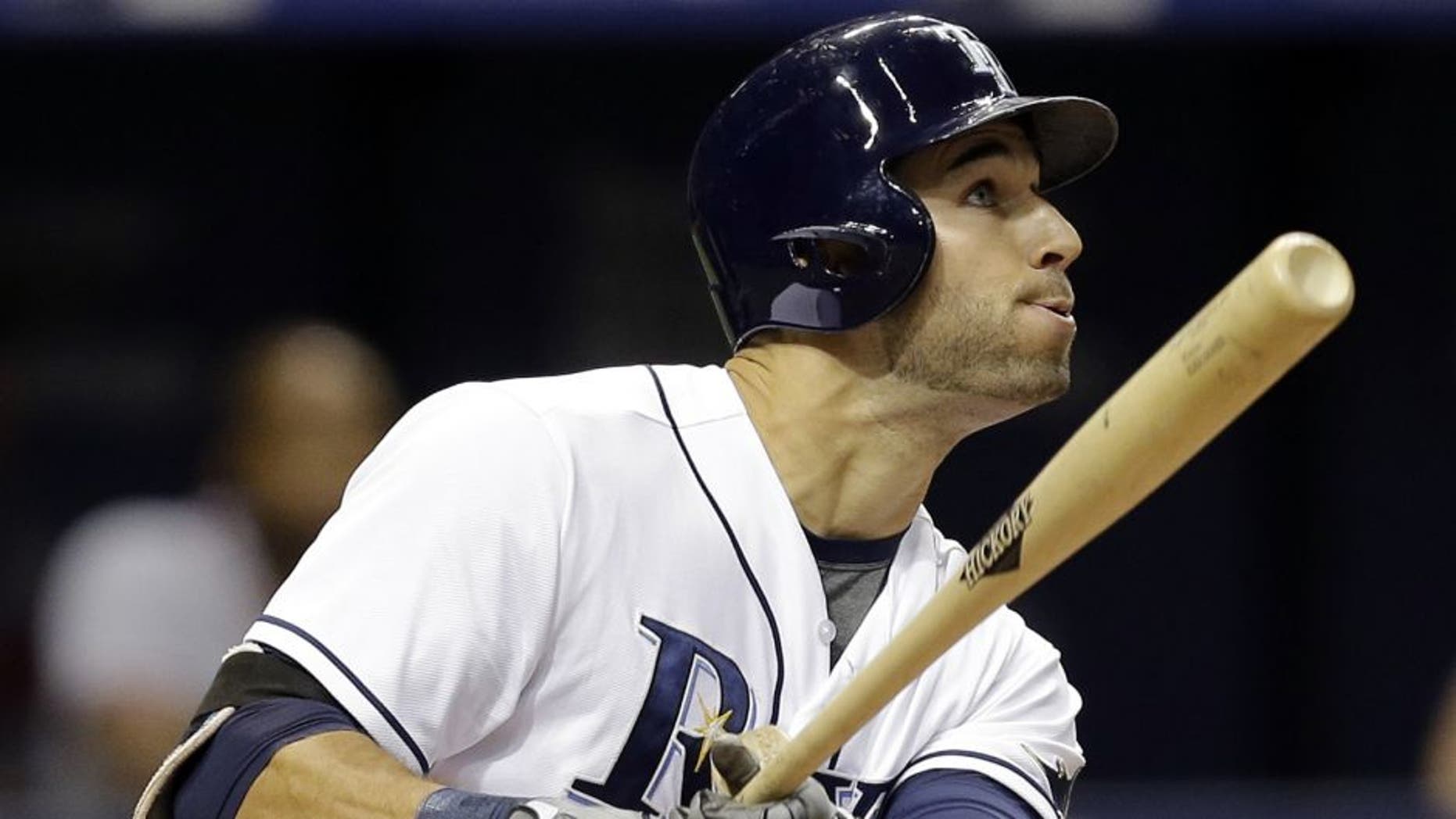 Tampa Bay Rays' Kevin Kiermaier watches his two-run home run off Atlanta Braves starting pitcher Williams Perez during the seventh inning of a baseball game Tuesday, Aug. 11, 2015, in St. Petersburg, Fla. (AP Photo/Chris O'Meara)