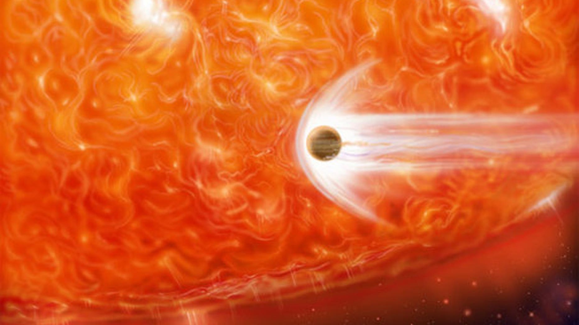 This artist's impression shows a red giant engulfing a Jupiter-like planet as it expands.