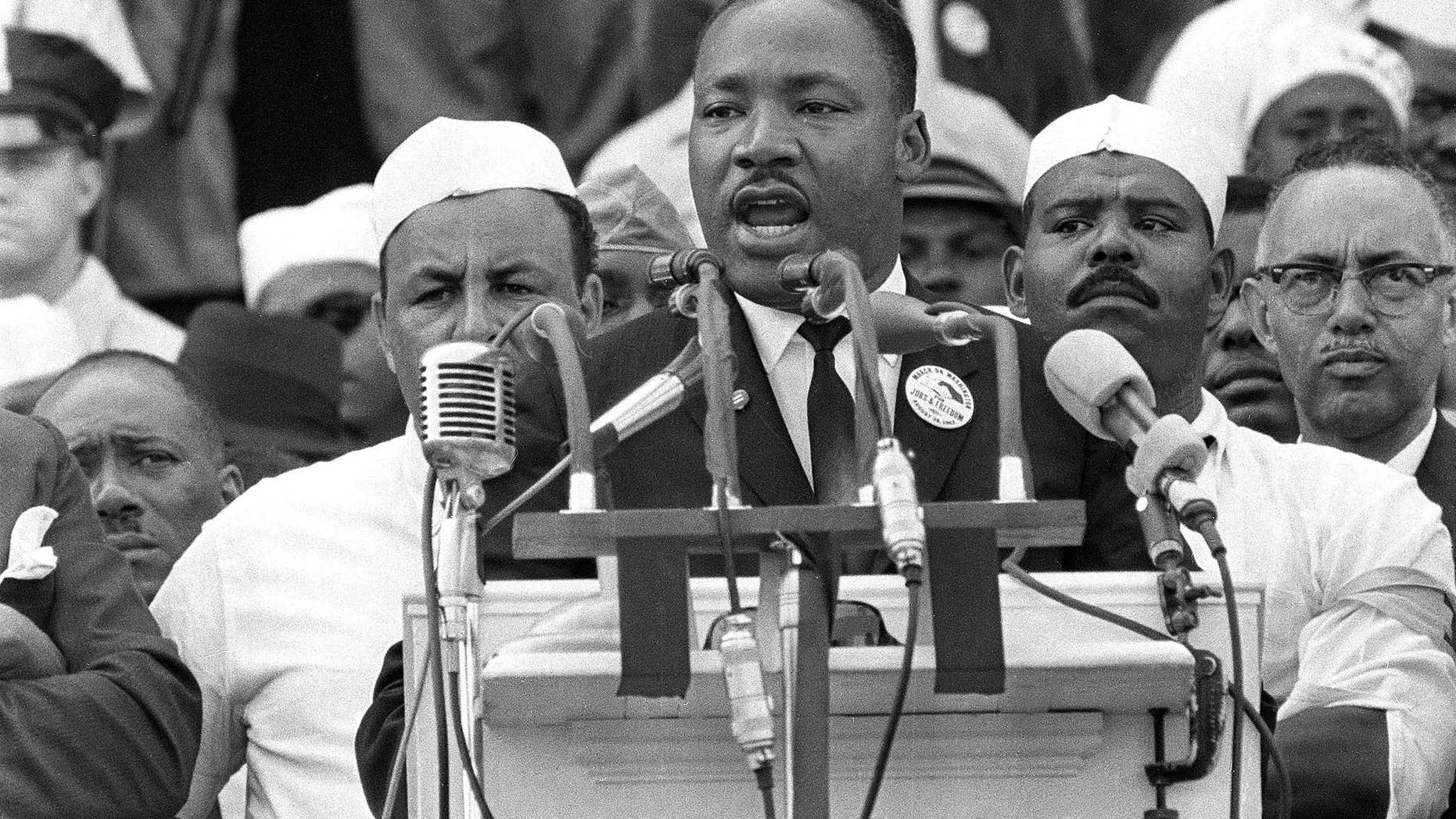 Aug. 28, 1963: The Rev. Dr. Martin Luther King Jr., head of the Southern Christian Leadership Conference, gestures during his "I Have a Dream" speech as he addresses thousands of civil rights supporters gathered in Washington, D.C.
