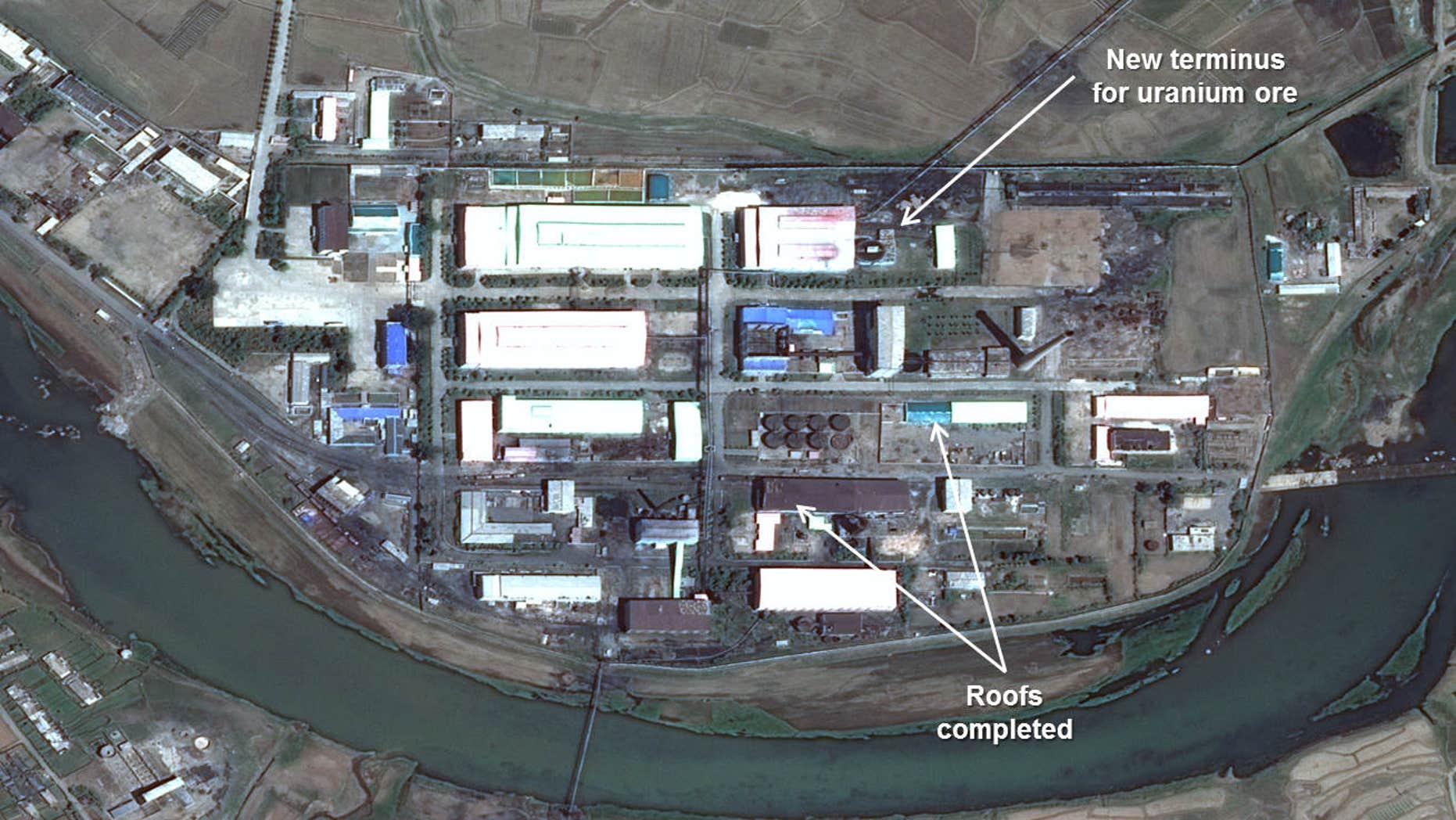 This image provided by the U.S.-Korea Institute at the Johns Hopkins School of Advanced International Studies via 38 North and via a satellite image from Centre National d’Études Spatiales, shows a satellite image dated May 16, 2015, of Pyongsan Uranium Concentration Plant near what is believed to be North Korea’s largest uranium mine at the southern site of Pyongsan.