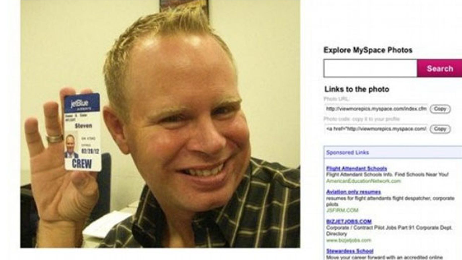 This screen grab taken from MySpace shows Slater. The flight attendant for JetBlue Airways Corp. looked pleased and relieved after cursing out a passenger on an airplane public-address system, grabbing some beer from the galley and using an emergency slide to hop off, another passenger said (AP).