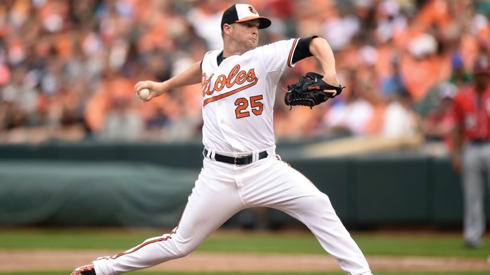 BALTIMORE, MD - JULY 12: Bud Norris #25 of the Baltimore Orioles pitches against the Washington Nationals at Oriole Park at Camden Yards on July 12, 2015 in Baltimore, Maryland. The Nationals won 3-2. (Photo by Mitchell Layton/Getty Images)