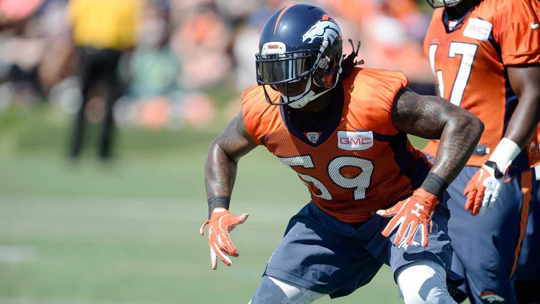 Jul 31, 2015; Englewood, CO, USA; Denver Broncos outside linebacker Danny Trevathan (59) during training camp activities at the UCHealth Training Center. Mandatory Credit: Ron Chenoy-USA TODAY Sports
