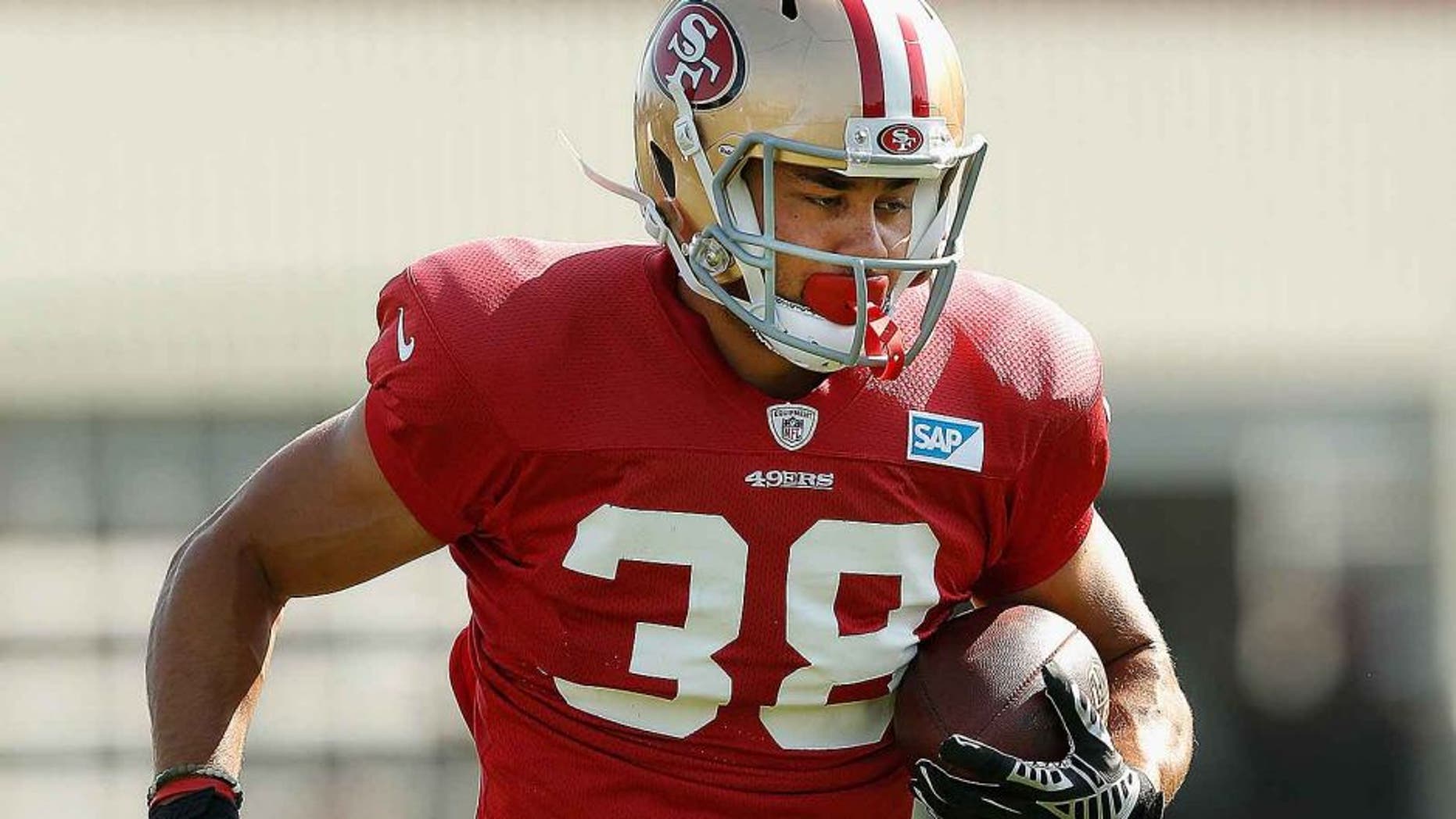 SANTA CLARA, CA - AUGUST 7: Jarryd Hayne #38 of the San Francisco 49ers runs drills during a practice session at Levi's Stadium on August 7, 2015 in Santa Clara, California. Hayne formerly played professional rugby league in Australia for the Parramatta Eels. (Photo by Lachlan Cunningham/Getty Images)
