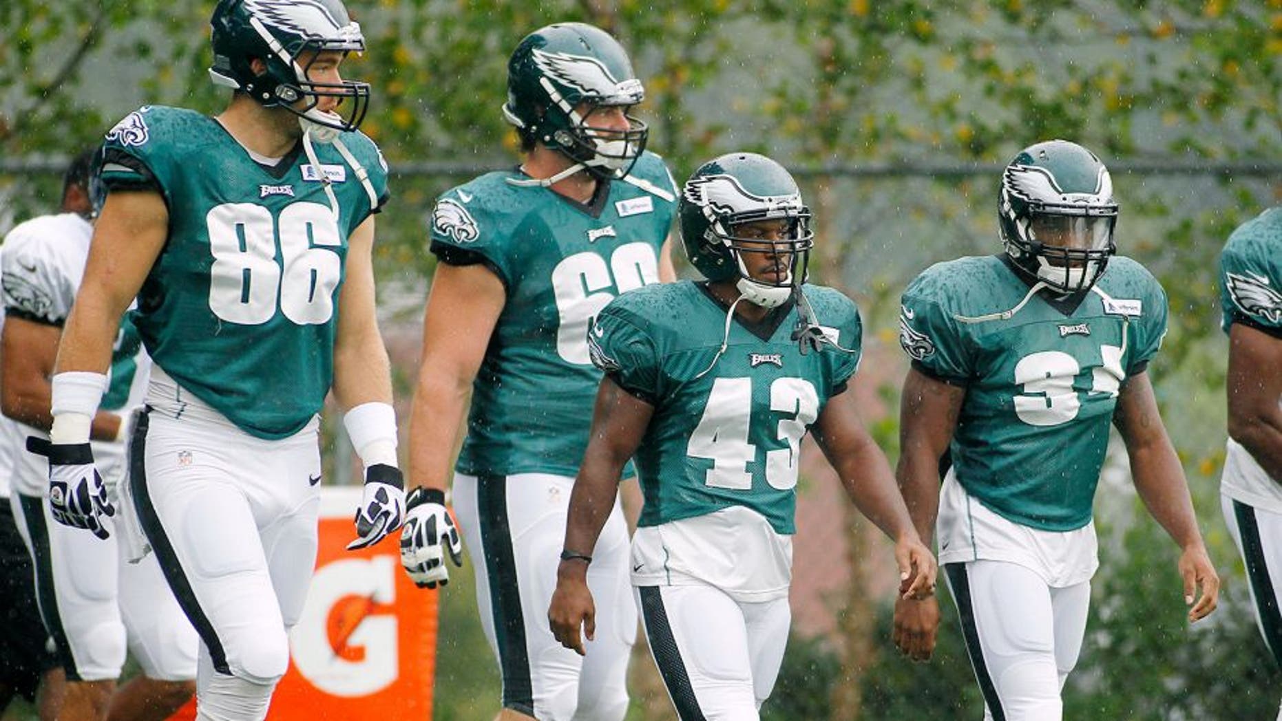 Aug 13, 2014; Foxborough, MA, USA; Philadelphia Eagles tight end Zach Ertz (86) running back Darren Sproles (43) and running back Henry Josey (34) walk onto the field during a joint practice with the New England Patriots at the Patriots practice Fields. Mandatory Credit: Stew Milne-USA TODAY Sports