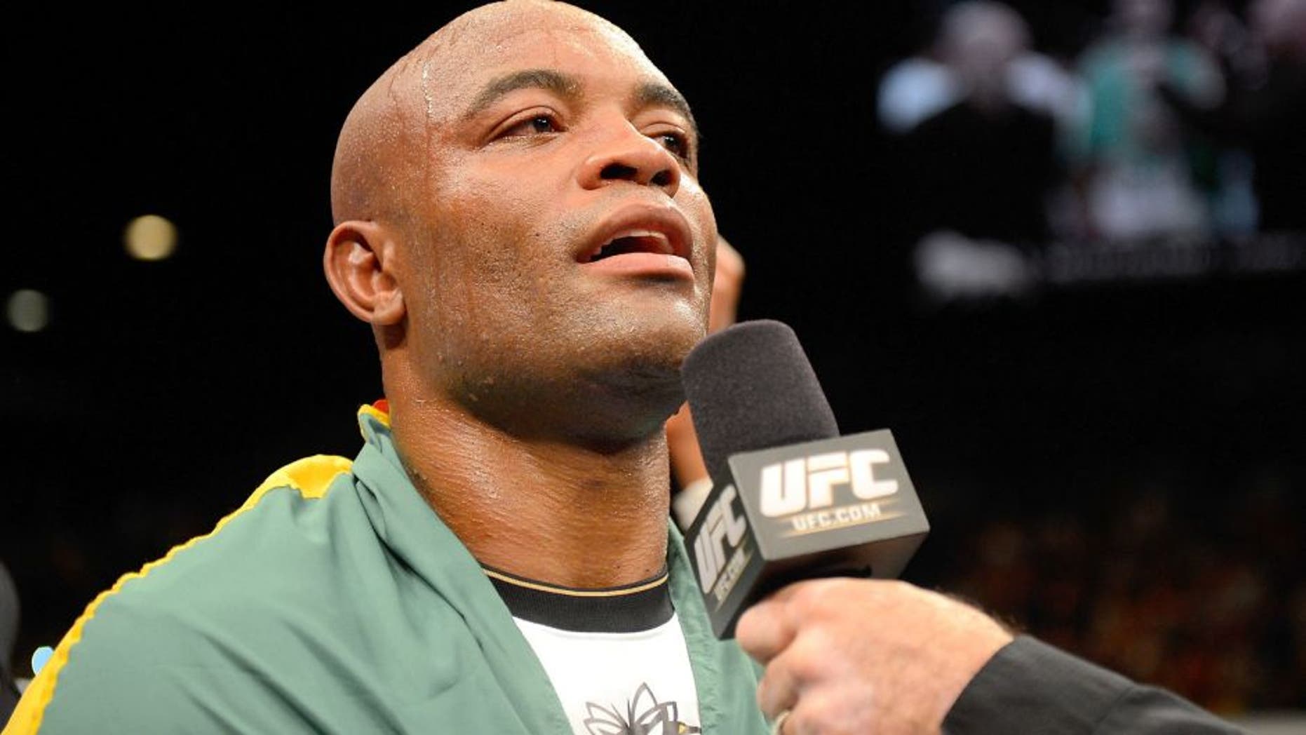 LAS VEGAS, NV - JULY 7: Anderson Silva is interviewed after knocking out Chael Sonnen during their UFC middleweight championship bout at UFC 148 inside MGM Grand Garden Arena on July 7, 2012 in Las Vegas, Nevada. (Photo by Donald Miralle/Zuffa LLC/Zuffa LLC via Getty Images)