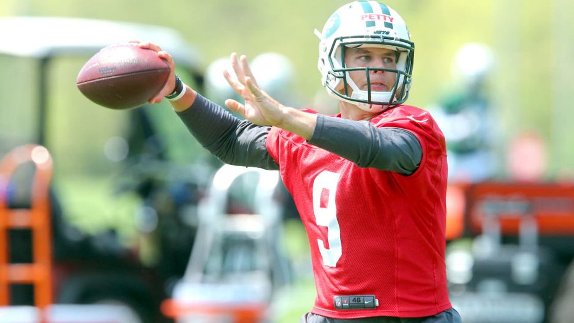 May 8, 2015; Florham Park, NY, USA; New York Jets quarterback Bryce Petty (9) drops back to pass during rookie minicamp at the Atlantic Health Jets Training Center. Mandatory Credit: Brad Penner-USA TODAY Sports