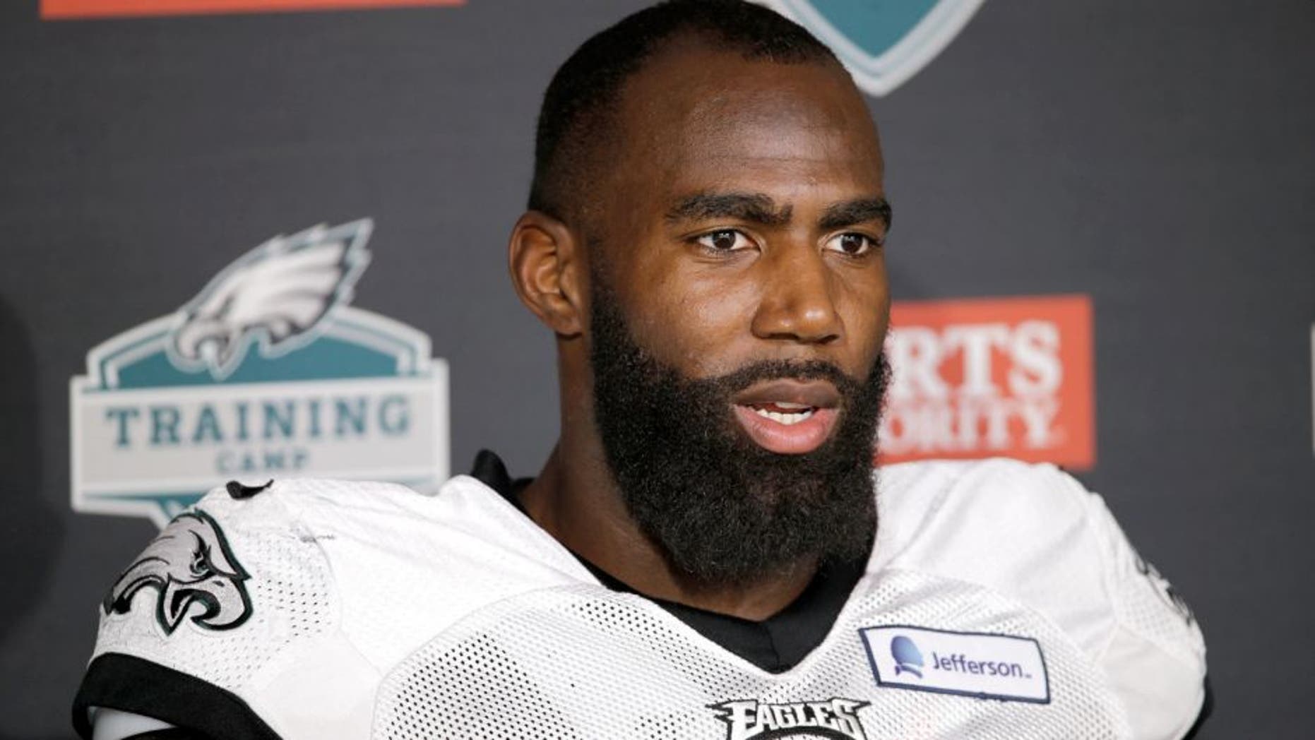 Philadelphia Eagles' Malcolm Jenkins speaks with members of the media after practice at NFL football training camp, Friday, Aug. 7, 2015, in Philadelphia. (AP Photo/Matt Rourke)
