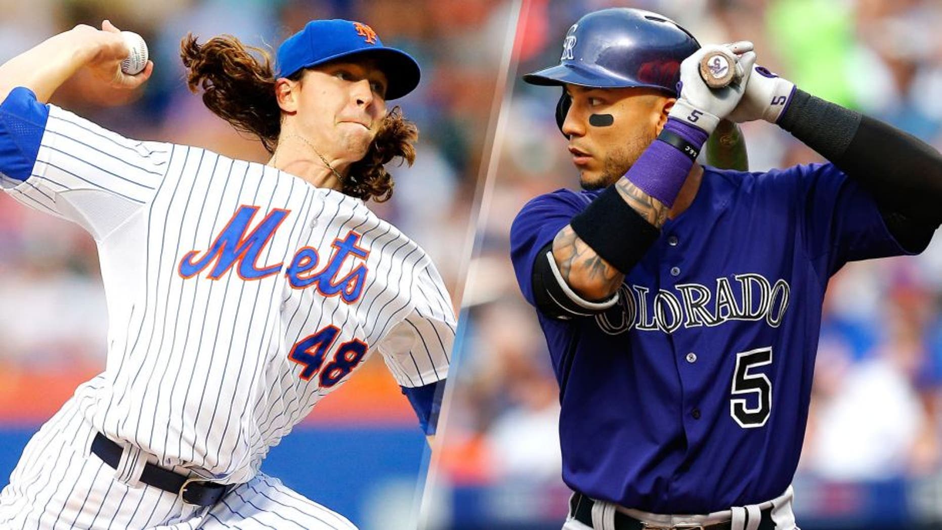 NEW YORK, NY - AUGUST 12: Jacob deGrom #48 of the New York Mets pitches in the second inning against the Colorado Rockies at Citi Field on August 12, 2015 in the Flushing neighborhood of the Queens borough of New York City. (Photo by Jim McIsaac/Getty Images) NEW YORK, NY - AUGUST 10: Carlos Gonzalez #5 of the Colorado Rockies in action against the New York Mets on August 10, 2015 at Citi Field in the Flushing neighborhood of the Queens borough of New York City. (Photo by Rich Schultz/Getty Images)