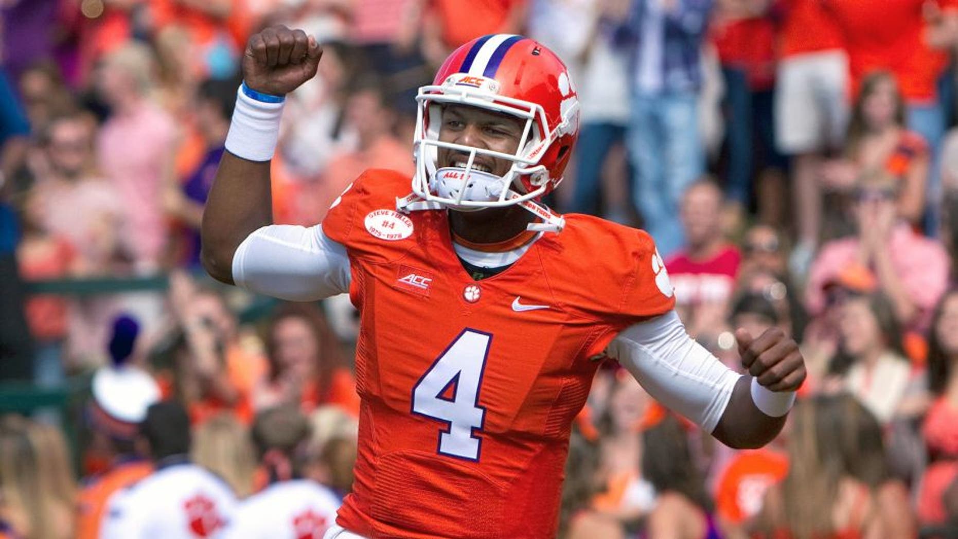 Oct 4, 2014; Clemson, SC, USA; Clemson Tigers quarterback Deshaun Watson (4) reacts during the first quarter against the North Carolina State Wolfpack at Clemson Memorial Stadium. Mandatory Credit: Joshua S. Kelly-USA TODAY Sports