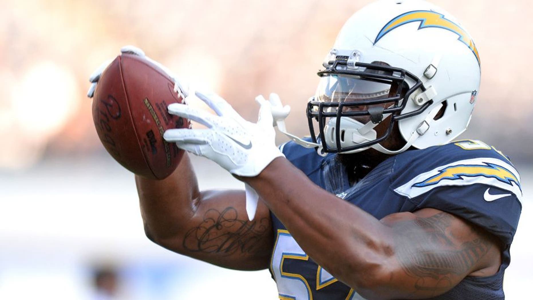 Aug 13, 2015; San Diego, CA, USA; San Diego Chargers inside linebacker Denzel Perryman (52) warms-up before the preseason game against the Dallas Cowboys at Qualcomm Stadium. Mandatory Credit: Jake Roth-USA TODAY Sports