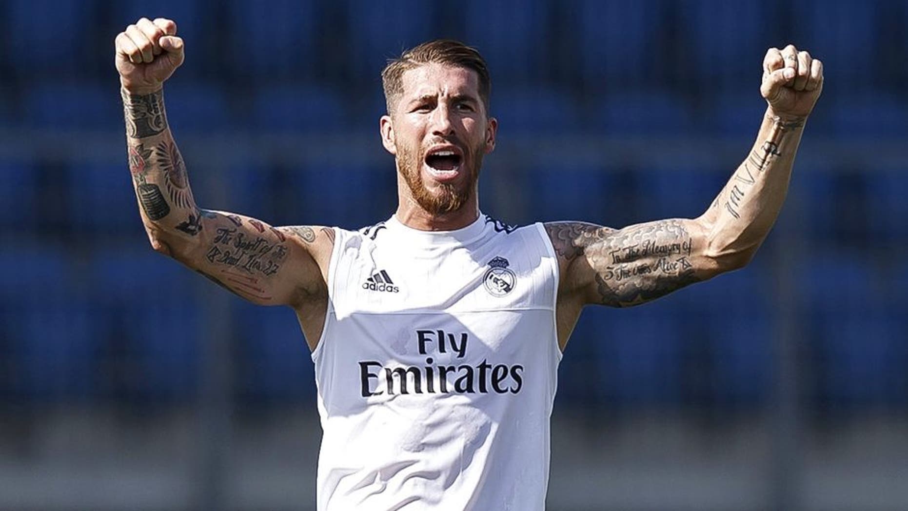 MADRID, SPAIN - AUGUST 11: Sergio Ramos of Real Madrid reacts during a training session at Valdebebas training ground on August 11, 2015 in Madrid, Spain. (Photo by Angel Martinez/Real Madrid via Getty Images)