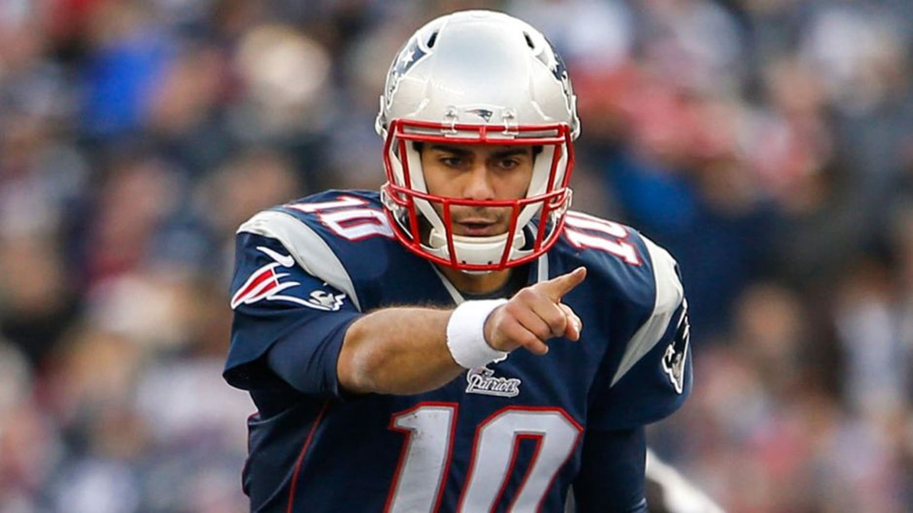 Dec 28, 2014; Foxborough, MA, USA; New England Patriots quarterback Jimmy Garoppolo (10) on the field against the Buffalo Bills in the second half at Gillette Stadium. Buffalo Bills defeated the Patriots 17-9. Mandatory Credit: David Butler II-USA TODAY Sports
