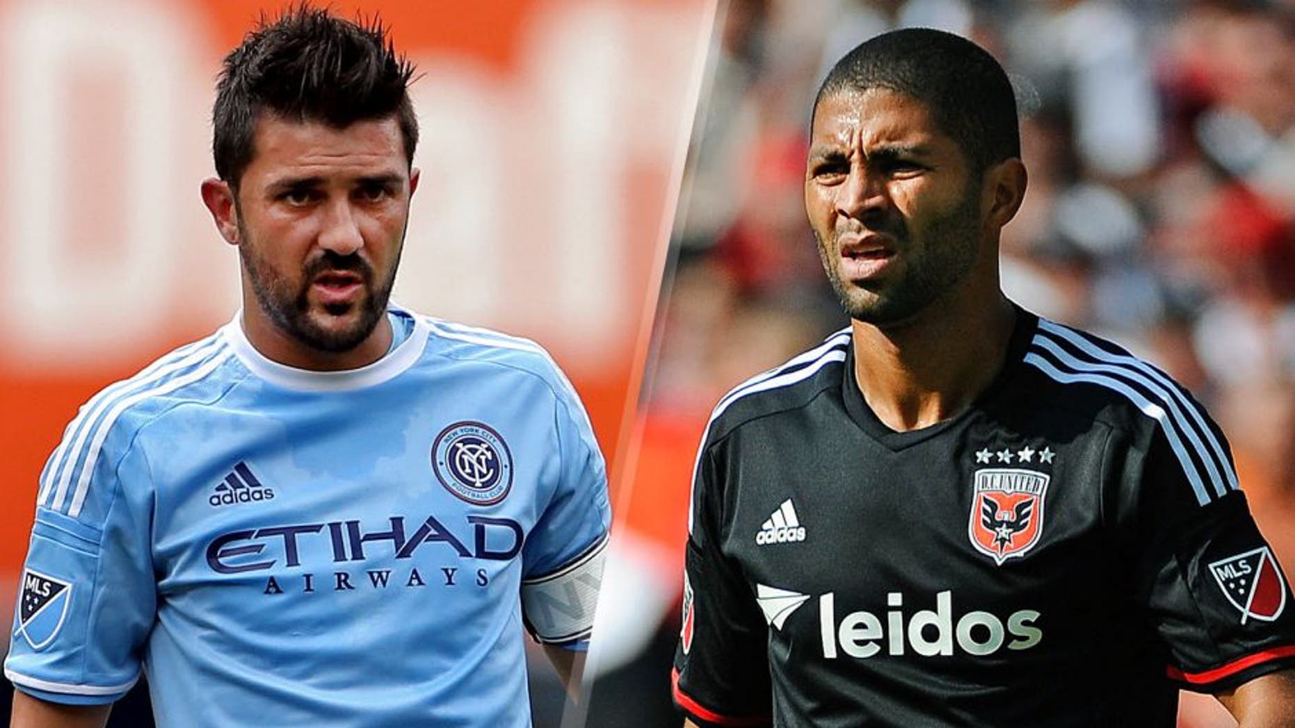 New York City FC forward David Villa (7) in action against the Orlando City FC during the first half of a soccer match at Yankee Stadium. Mandatory Credit: Adam Hunger-USA TODAY Sports D.C. United forward Alvaro Saborio (9) on the field against the Philadelphia Union during the first half at Robert F. Kennedy Memorial. Mandatory Credit: Brad Mills-USA TODAY Sports