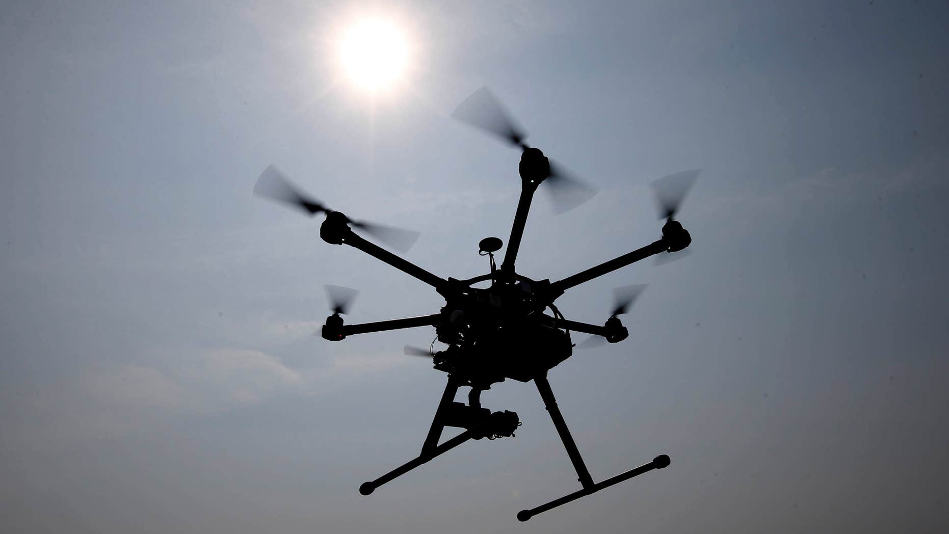 June 11, 2015: A hexacopter drone is flown in Cordova, Md.