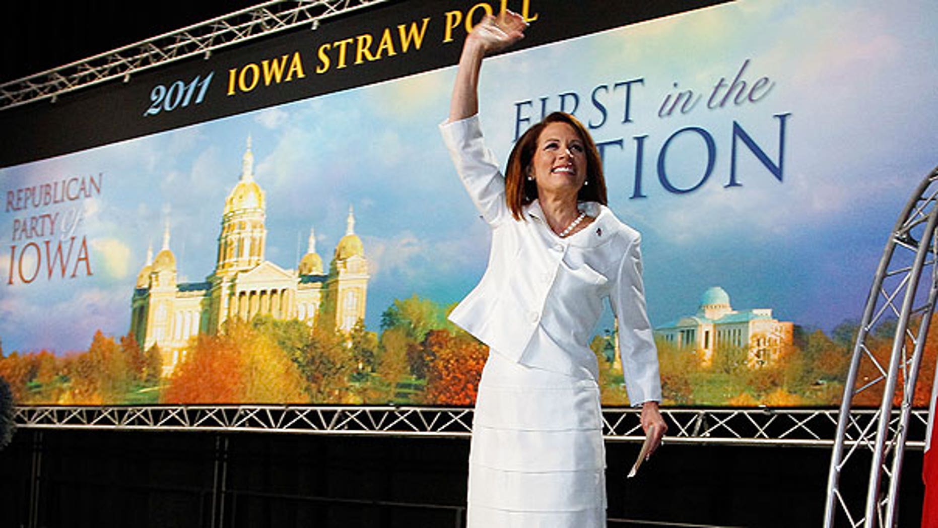 Saturday: Republican presidential candidate Rep. Michele Bachmann takes to the stage to speak at the Republican Party's Straw Poll in Ames, Iowa.