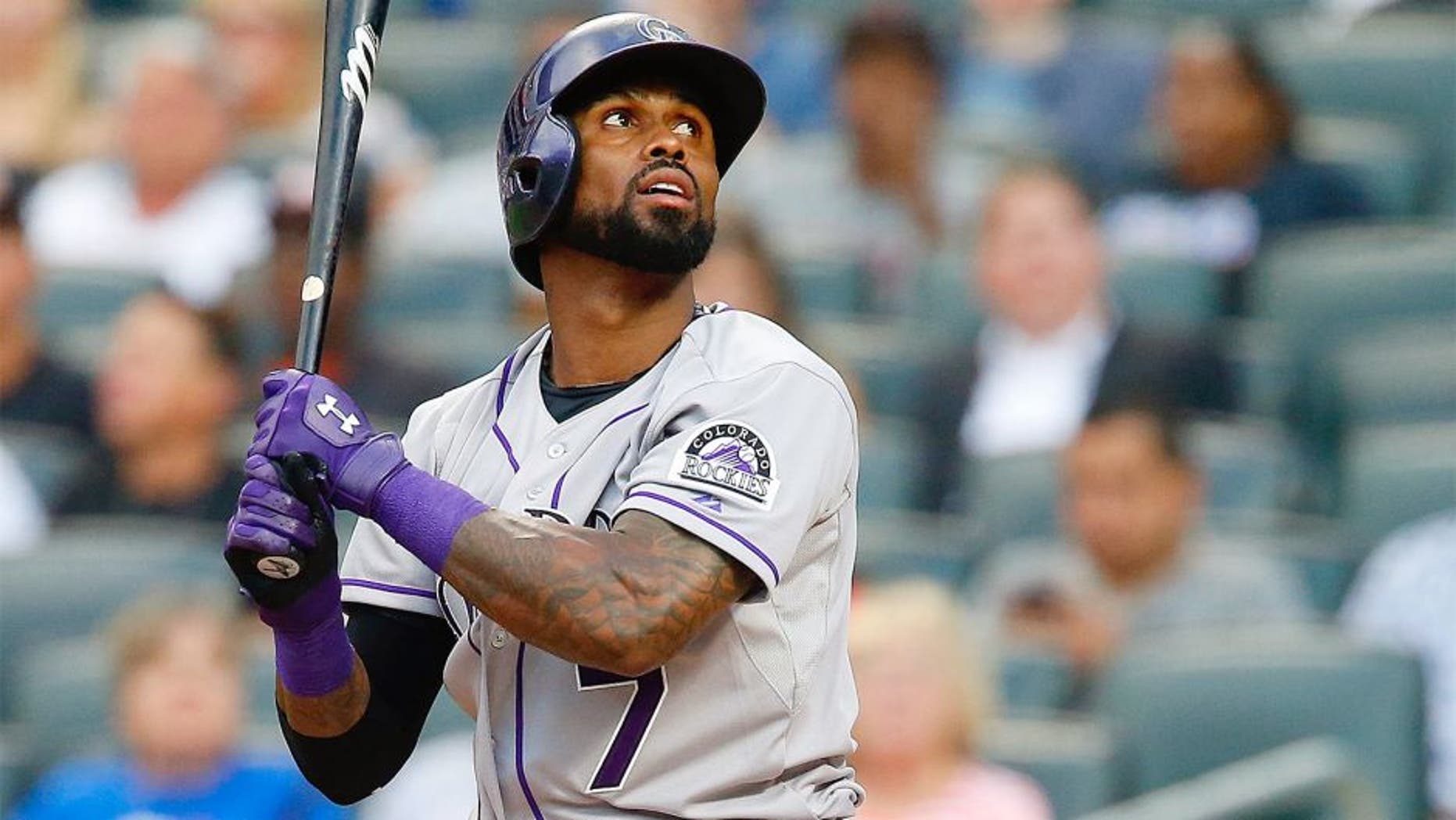NEW YORK, NY - AUGUST 12: Jose Reyes #7 of the Colorado Rockies in action against the New York Mets at Citi Field on August 12, 2015 in the Flushing neighborhood of the Queens borough of New York City. The Mets defeated the Rockies 3-0. (Photo by Jim McIsaac/Getty Images)
