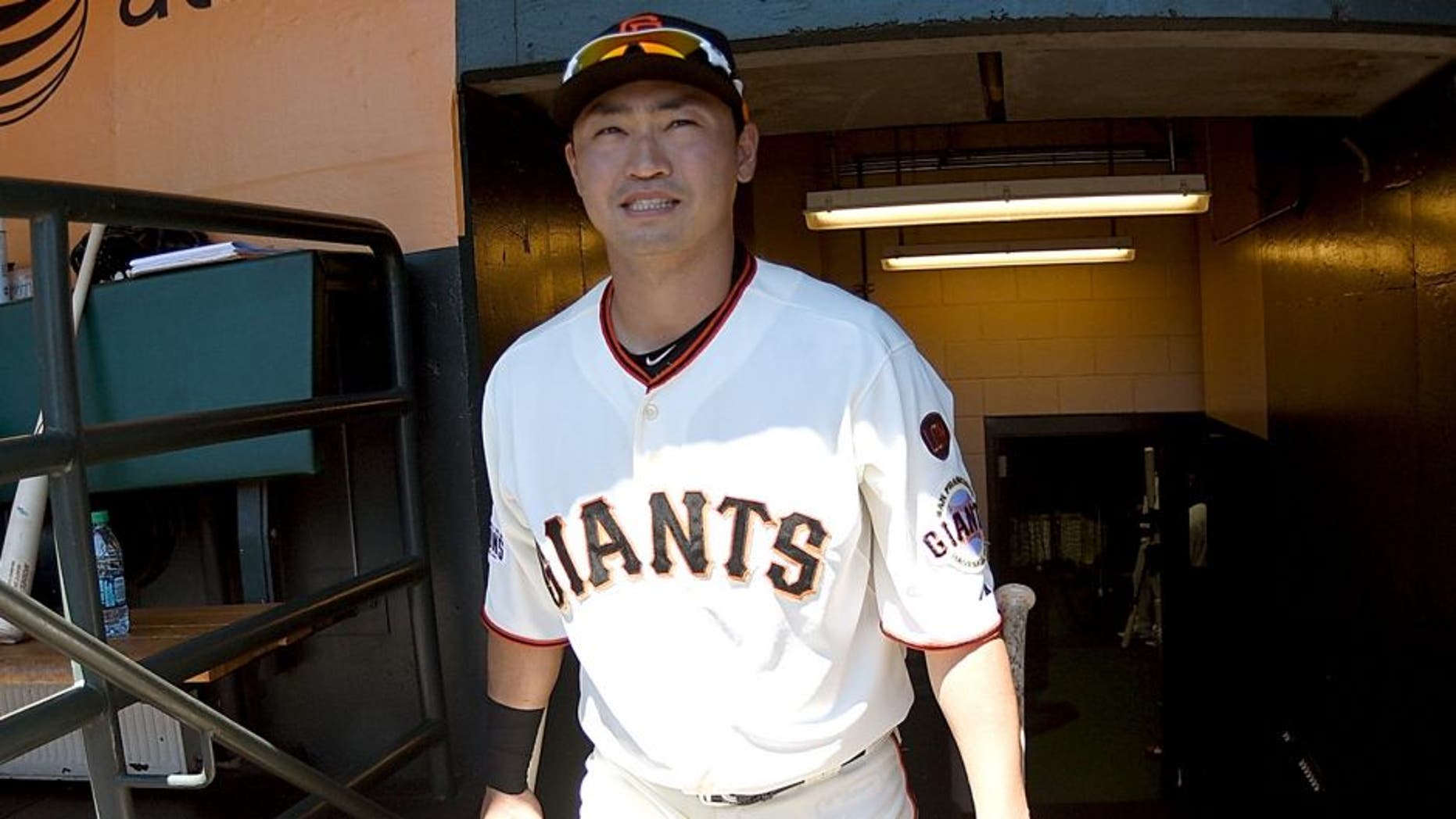 SAN FRANCISCO, CA - AUGUST 12: Nori Aoki #23 of the San Francisco Giants walks up the stairs into the dugout prior to the start of the game against the Houston Astros at AT&T Park on August 12, 2015 in San Francisco, California. (Photo by Thearon W. Henderson/Getty Images)