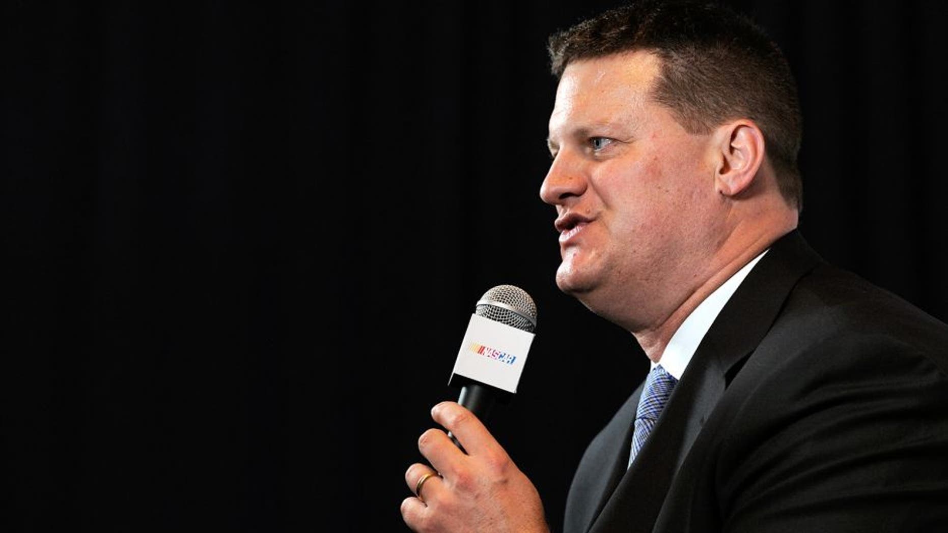 CHARLOTTE, NC - JANUARY 26: Steve O'Donnell, executive vice president & chief racing development officer for NASCAR, speaks with the media during the NASCAR Sprint Media Tour at the Charlotte Convention Center on January 26, 2015 in Charlotte, North Carolina. (Photo by Jared C. Tilton/NASCAR via Getty Images)