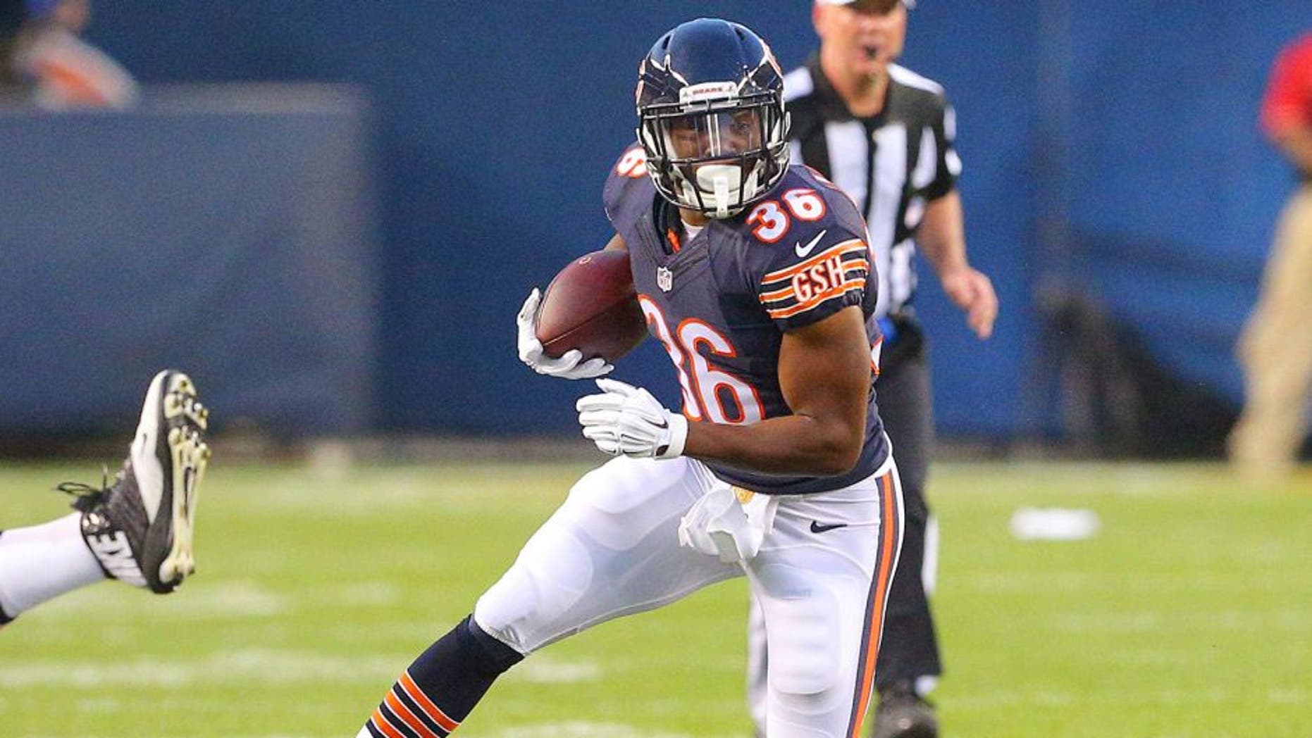 Aug 13, 2015; Chicago, IL, USA; Chicago Bears running back Jeremy Langford (36) with the ball during the second quarter of a preseason NFL football game against the Miami Dolphins at Soldier Field. Mandatory Credit: Dennis Wierzbicki-USA TODAY Sports