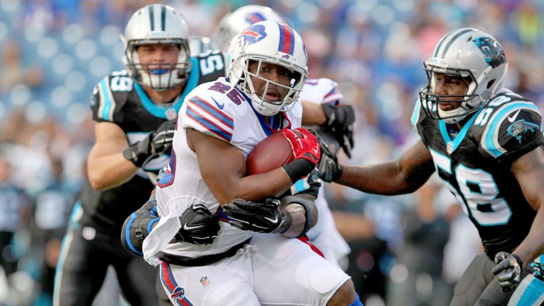 Aug 14, 2015; Orchard Park, NY, USA; Buffalo Bills running back LeSean McCoy (25) runs the ball against the Carolina Panthers during the first quarter in a preseason NFL football game at Ralph Wilson Stadium. Mandatory Credit: Timothy T. Ludwig-USA TODAY Sports