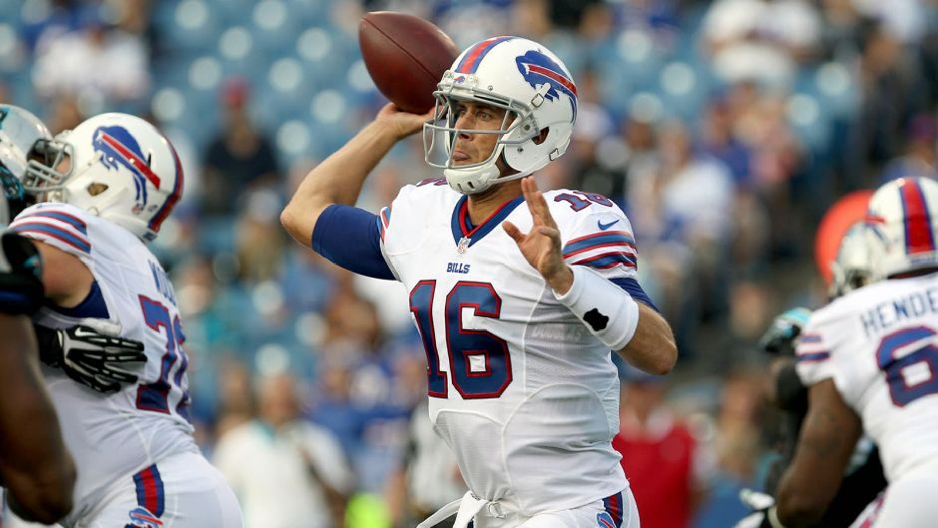 Aug 14, 2015; Orchard Park, NY, USA; Buffalo Bills quarterback Matt Cassel (16) looks to make a pass attempt during the first quarter against the Carolina Panthers in a preseason NFL football game at Ralph Wilson Stadium. Mandatory Credit: Timothy T. Ludwig-USA TODAY Sports