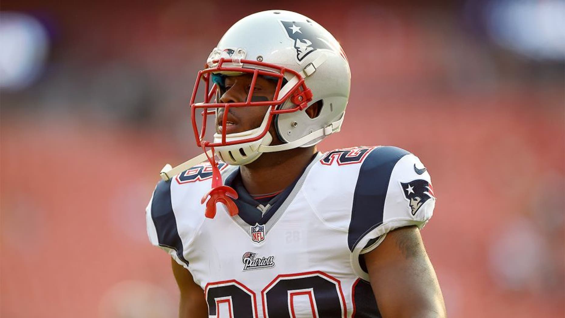 LANDOVER, MD - AUGUST 07: Running back James White #28 of the New England Patriots looks on before playing the Washington Redskins during a preseason NFL game at FedExField on August 7, 2014 in Landover, Maryland. The Washington Redskins won, 23-6. (Photo by Patrick Smith/Getty Images) *** Local Caption *** James White