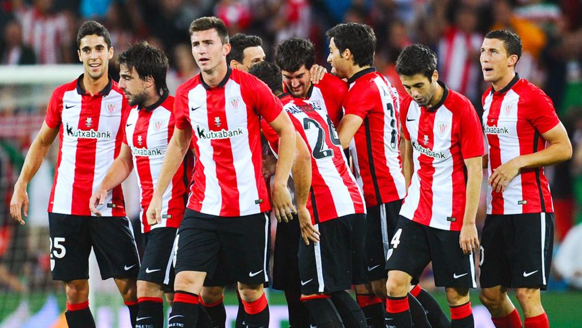 BILBAO, SPAIN - AUGUST 14: Mikel San Jose (C) of Athletic Club celebrates with his team mates after scoring the opening goalduring the Spanish Super Cup first leg match between FC Barcelona and Athletic Club at San Mames Stadium on August 14, 2015 in Bilbao, Spain. (Photo by David Ramos/Getty Images)