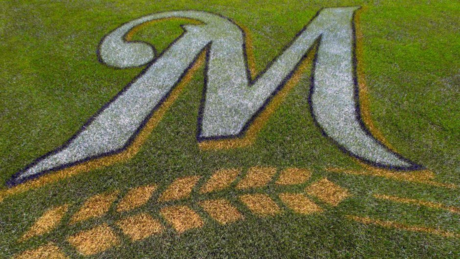 May 5, 2013; Milwaukee, WI, USA; The Milwaukee Brewers logo on the field behind home plate prior to the game against the St. Louis Cardinals at Miller Park. Mandatory Credit: Jeff Hanisch-USA TODAY Sports