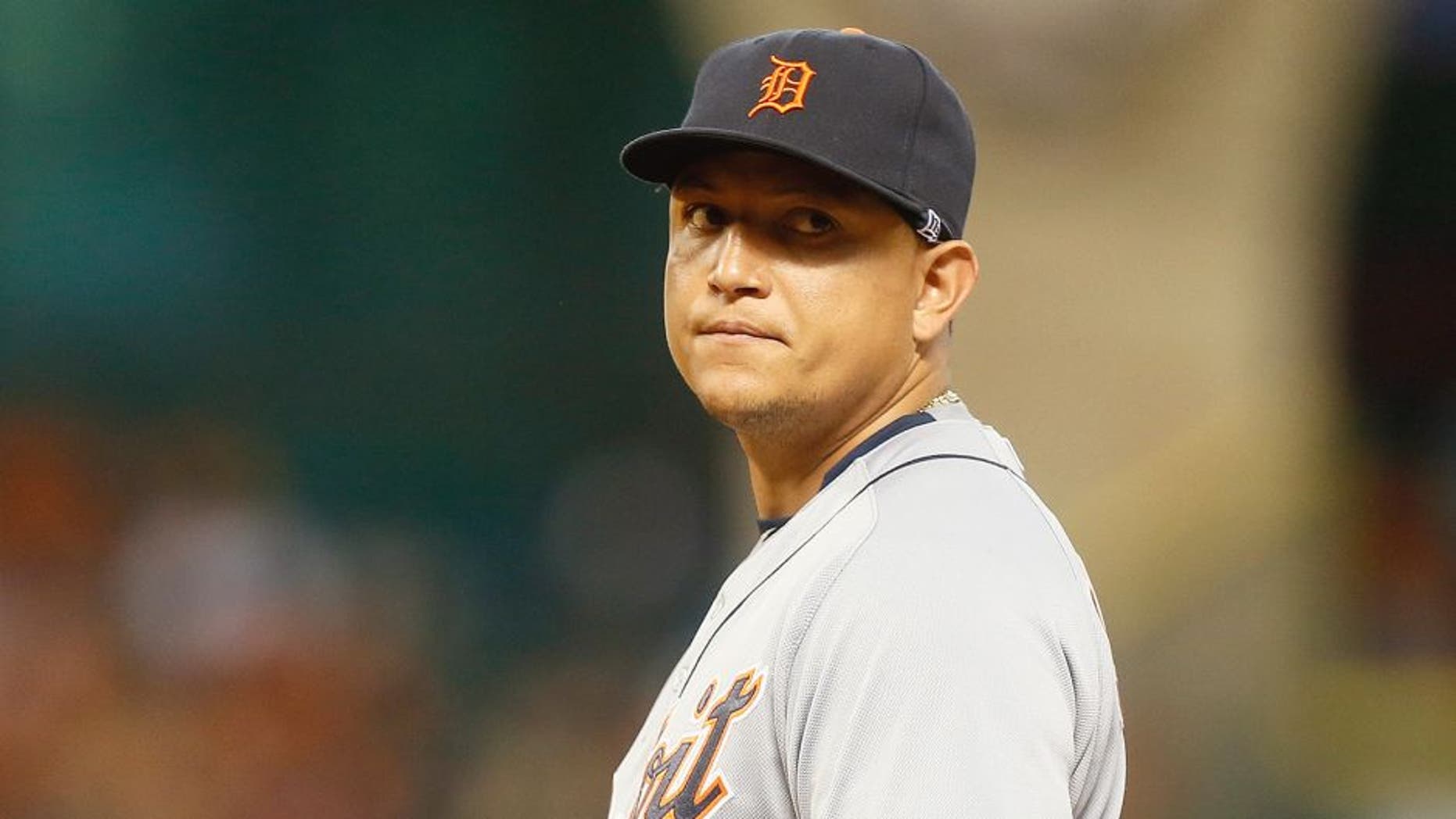HOUSTON, TX - AUGUST 14: Miguel Cabrera #24 of the Detroit Tigers looks on during a game against the Houston Astros at Minute Maid Park on August 14, 2015 in Houston, Texas. (Photo by Bob Levey/Getty Images)