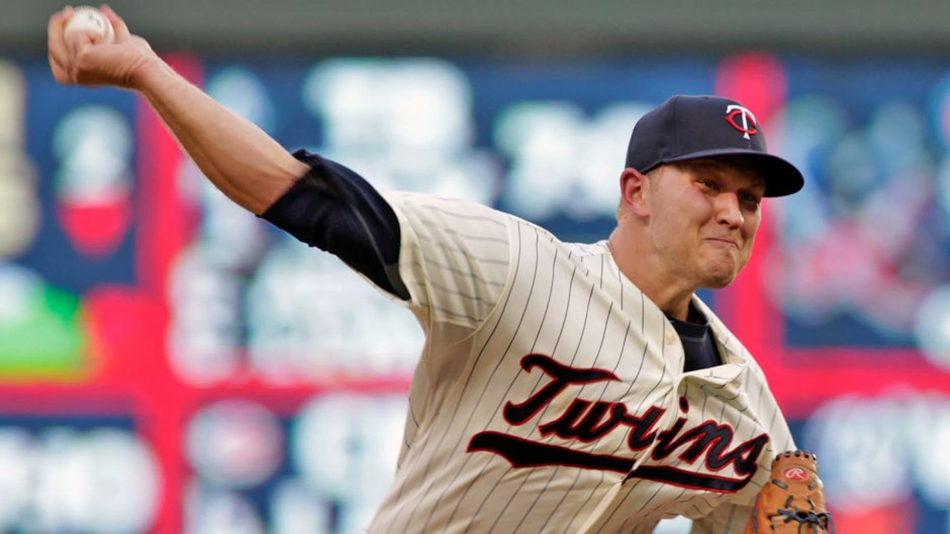 Minnesota Twins starting pitcher Tyler Duffey delivers during the sixth inning of a baseball game against the Cleveland Indians on Saturday, Aug. 15, 2015, in Minneapolis. Duffey picked up his first major league win, giving up one hit in six innings, as Minnesota won 4-1. AP Photo/Paul Battaglia)
