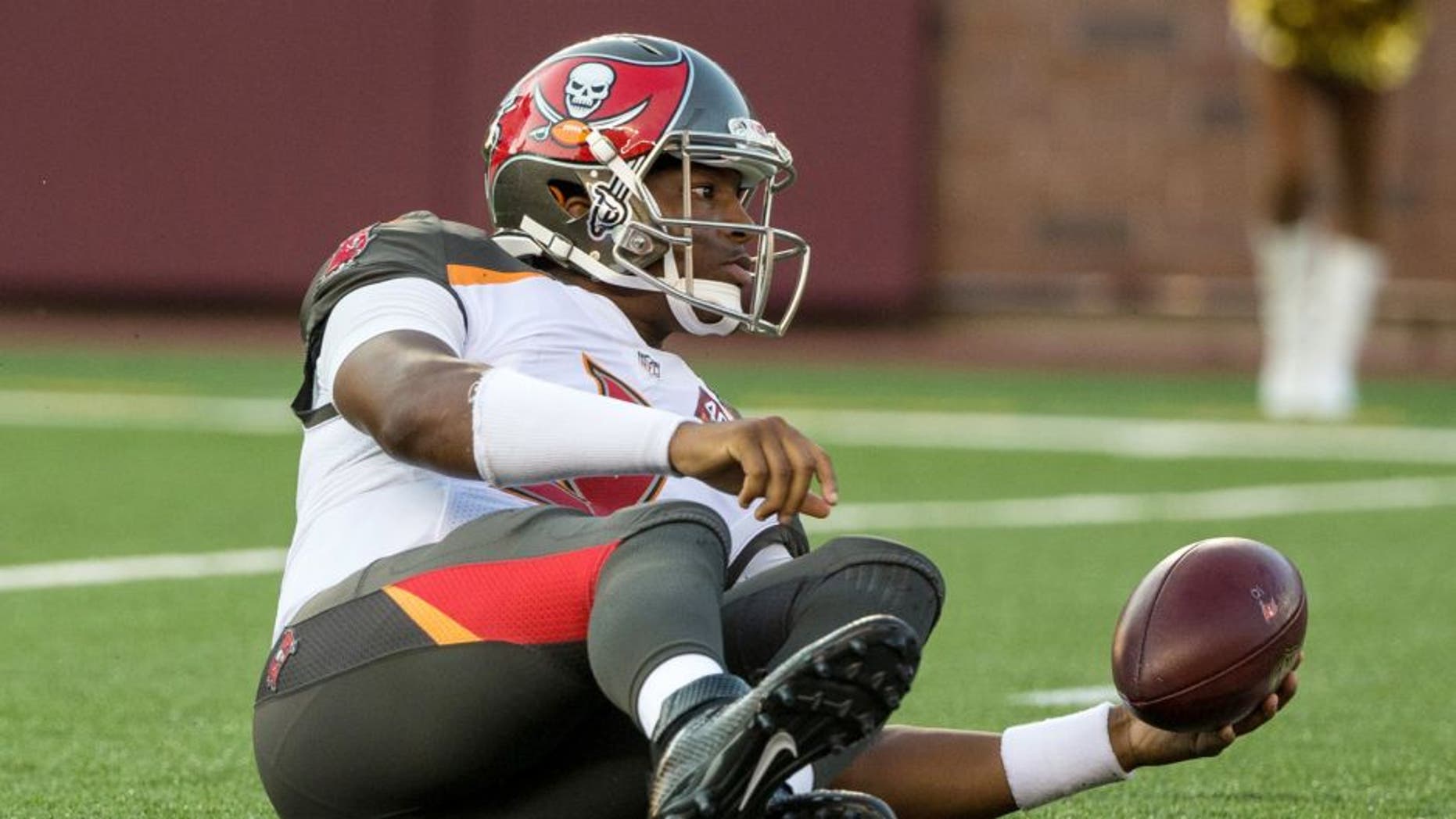 Aug 15, 2015; Minneapolis, MN, USA; Tampa Bay Buccaneers quarterback Jameis Winston (3) reacts after a sack during the first quarter in a preseason NFL football game against the Minnesota Vikings at TCF Bank Stadium. Mandatory Credit: Brace Hemmelgarn-USA TODAY Sports