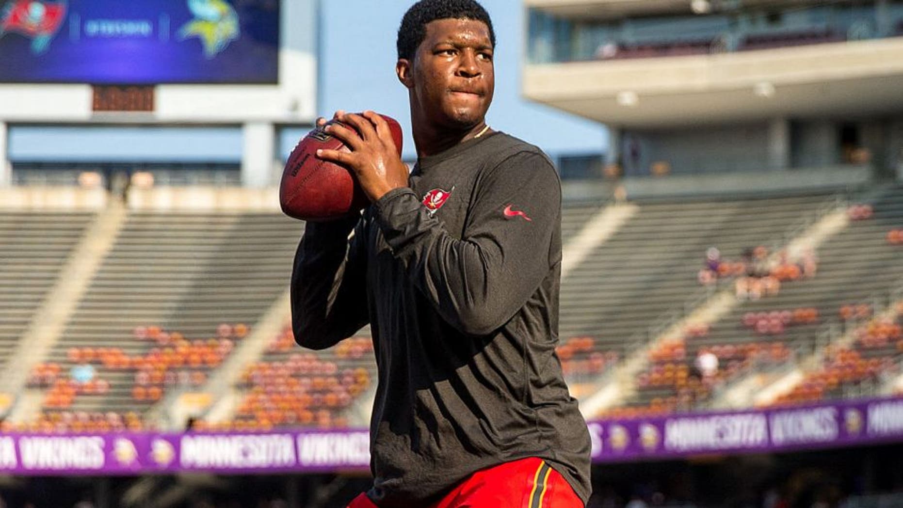 Aug 15, 2015; Minneapolis, MN, USA; Tampa Bay Buccaneers quarterback Jameis Winston (3) warms up prior to a preseason NFL football game against the Minnesota Vikings at TCF Bank Stadium. Mandatory Credit: Brace Hemmelgarn-USA TODAY Sports