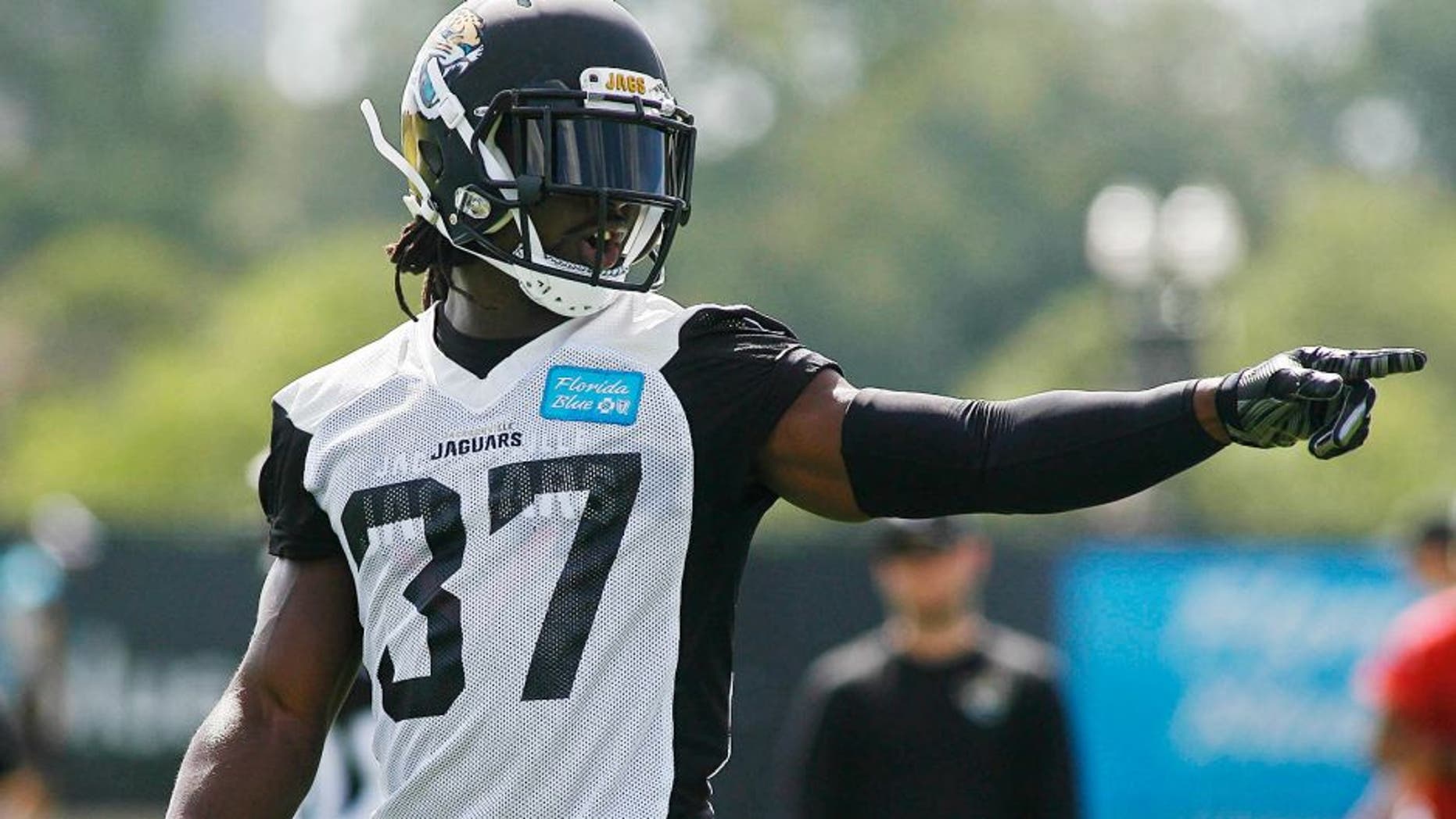 May 28, 2015; Jacksonville, FL, USA; Jacksonville Jaguars safety Johnathan Cyprien (37) oiubts during OTAs at the Florida Blue Health and Wellness Practice Fields. Mandatory Credit: Phil Sears-USA TODAY Sports