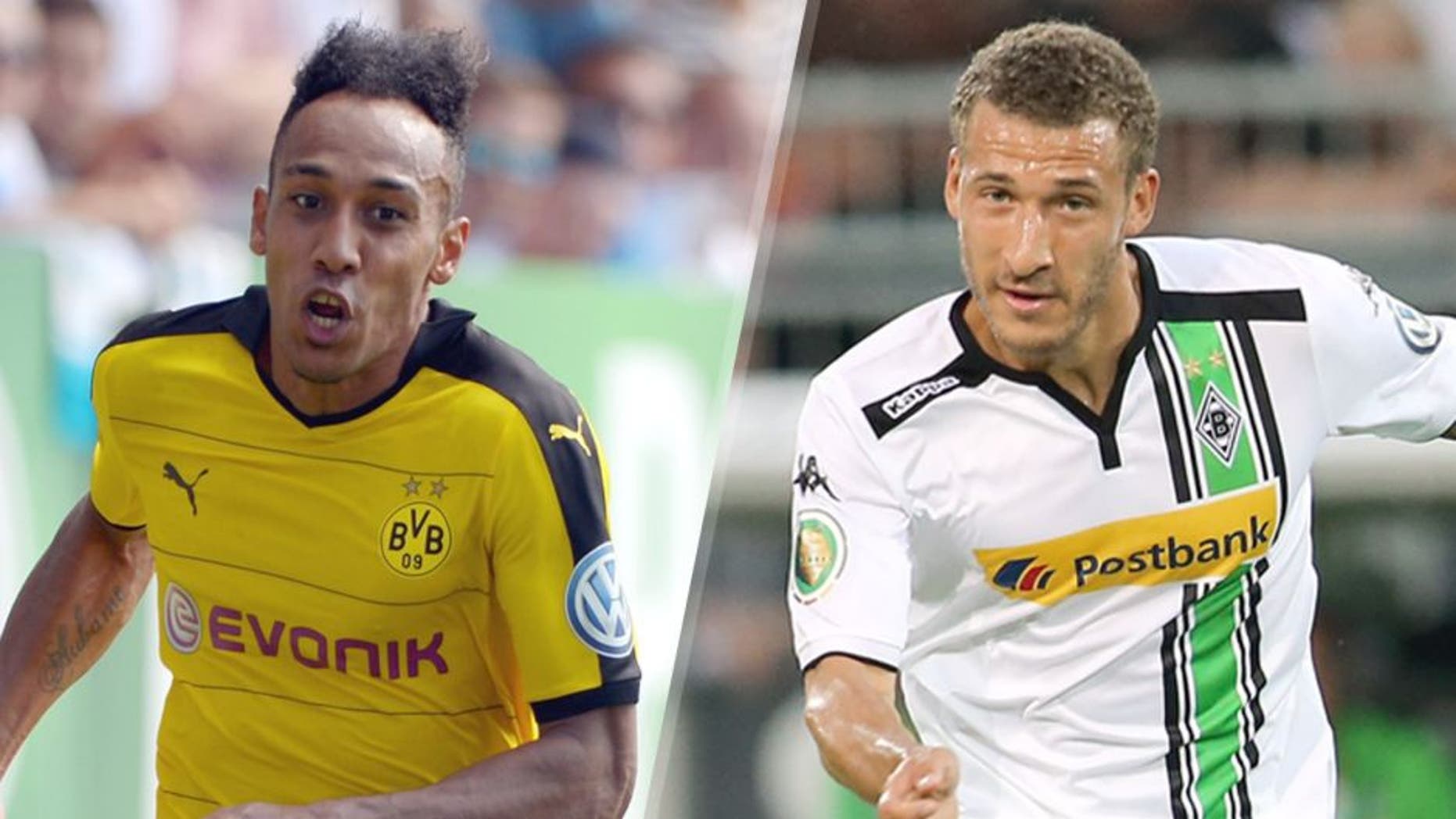 L - CHEMNITZ, GERMANY - AUGUST 09: Pierre-Emerick Aubameyang of Dortmund runs with the ball during the DFB Cup first round match between Chemnitzer FC and Borussia Dortmund at Stadion an der Gellertstrasse on August 9, 2015 in Chemnitz, Germany. (Photo by Thomas Eisenhuth/Bongarts/Getty Images) R - HAMBURG, GERMANY - August 10: Fabian Johnson of Borussia Moenchengladbach controls the ball during the DFB Cup match between FC St. Pauli and Borussia Moenchengladbach at Millerntor Stadium on August 10, 2015 in Hamburg, Germany. (Photo by Christian Verheyen/Borussia Moenchengladbach via Getty Images)