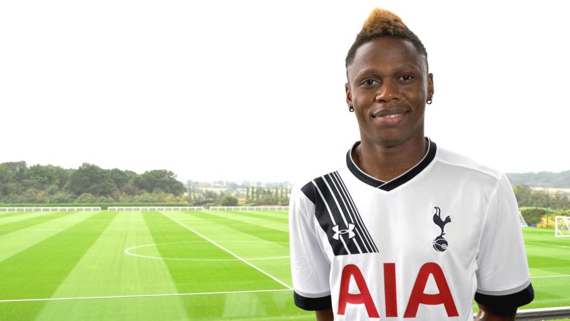 LONDON, ENGLAND - AUGUST 15: New signing Tottenham Hotspur Clinton Njie poses at Hotspur Way on August 15, 2015 in London, England. The Cameroon international striker was signed from French club Lyon. (Photo by Tottenham Hotspur FC/Tottenham Hotspur FC via Getty Images)
