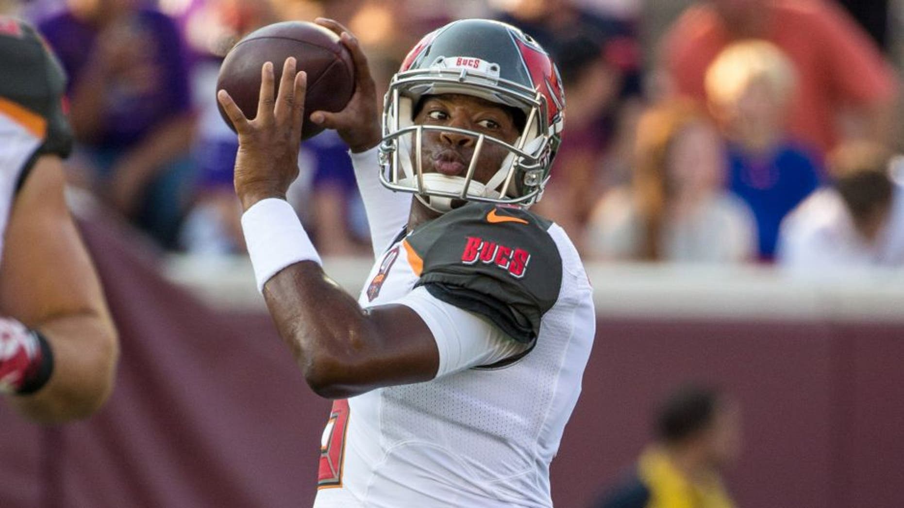 Aug 15, 2015; Minneapolis, MN, USA; Tampa Bay Buccaneers quarterback Jameis Winston (3) warms up prior to a preseason NFL football game against the Minnesota Vikings at TCF Bank Stadium. Mandatory Credit: Brace Hemmelgarn-USA TODAY Sports