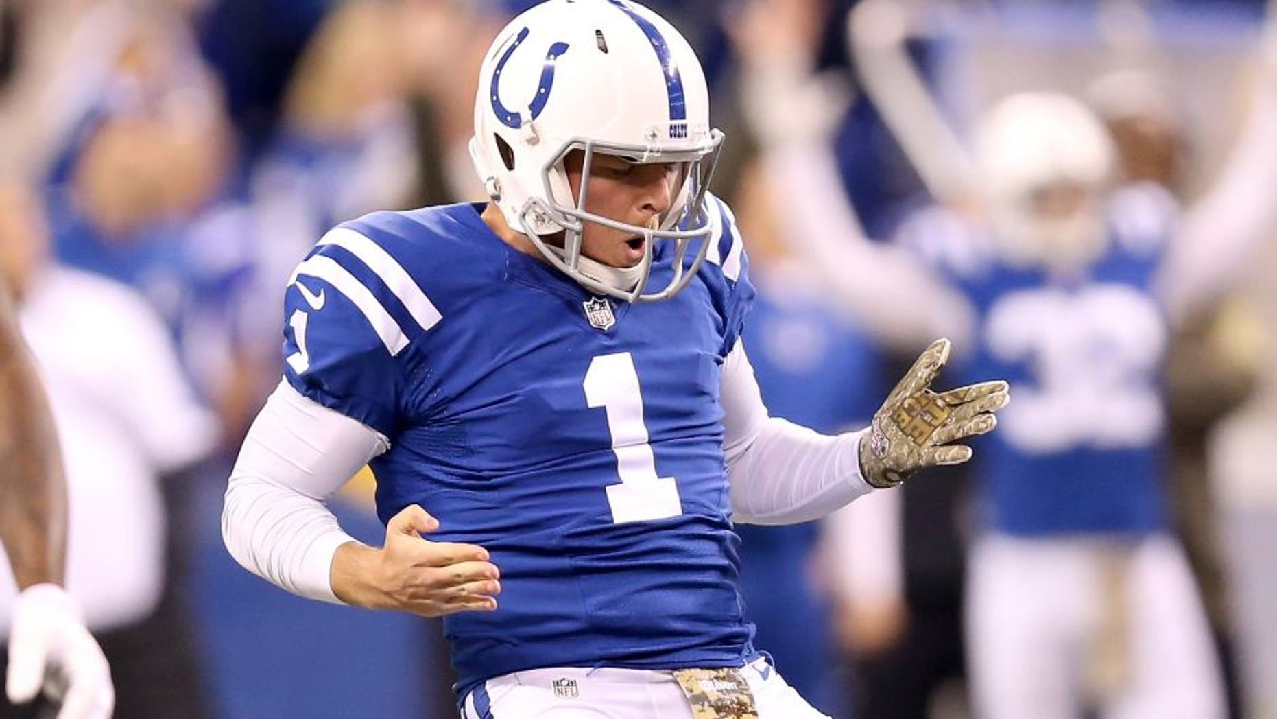 INDIANAPOLIS, IN - NOVEMBER 08: Pat McAfee #1 of the Indianapolis Colts celebrates after the 55 yard field goal by Adam Vinatieri during the game against the Denver Broncos at Lucas Oil Stadium on November 8, 2015 in Indianapolis, Indiana. (Photo by Andy Lyons/Getty Images)