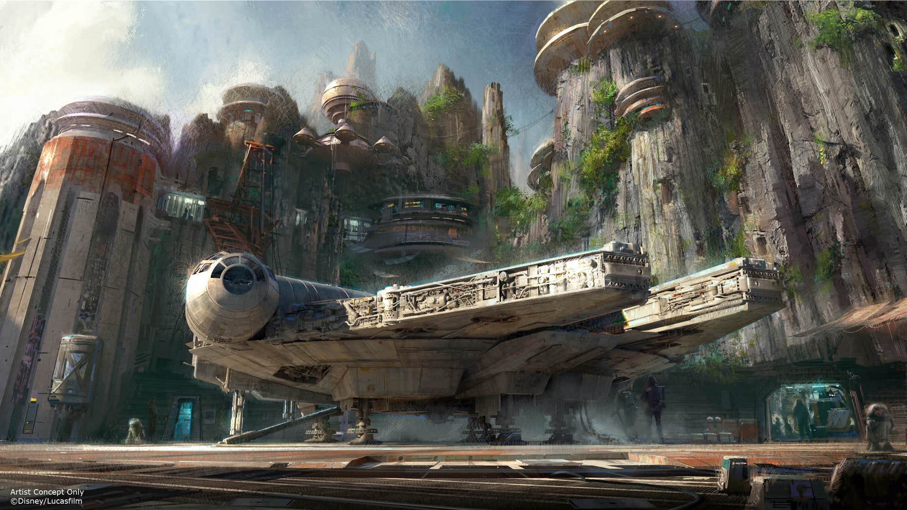 This image provided by Disney parks shows the Star Wars-themed lands will be coming to Disneyland park in Anaheim, Calif., and Disney’s Hollywood Studios in Orlando, Fla., creating Disney’s largest single-themed land expansions ever at 14-acres each, transporting guests to a never-before-seen planet, a remote trading port and one of the last stops before wild space where Star Wars characters and their stories come to life.
