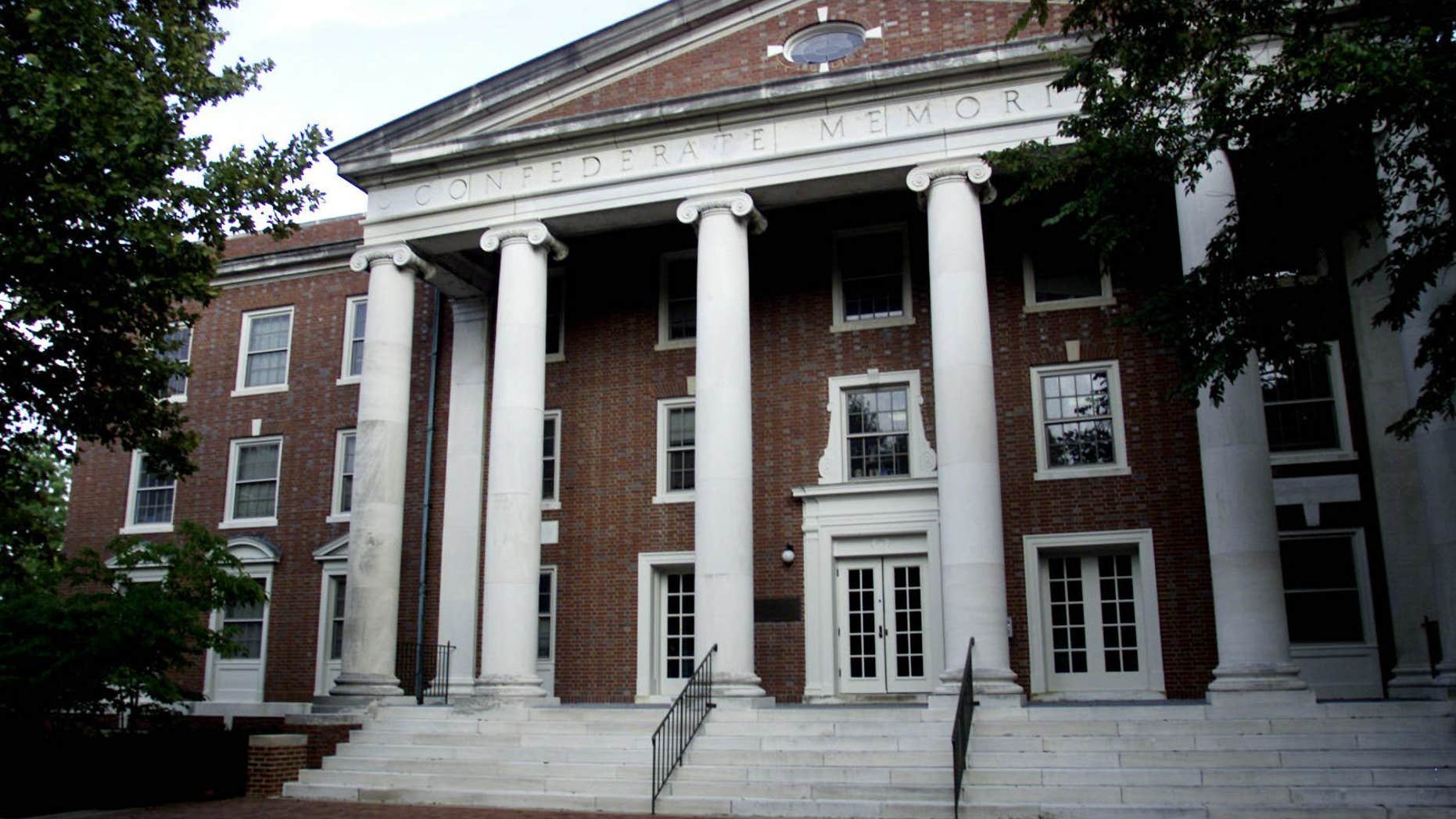 FILE - This Sept. 30, 2003, file photo, shows the exterior of a dormitory at Vanderbilt University in Nashville, Tenn., is inscribed with the name Confederate Memorial Hall.