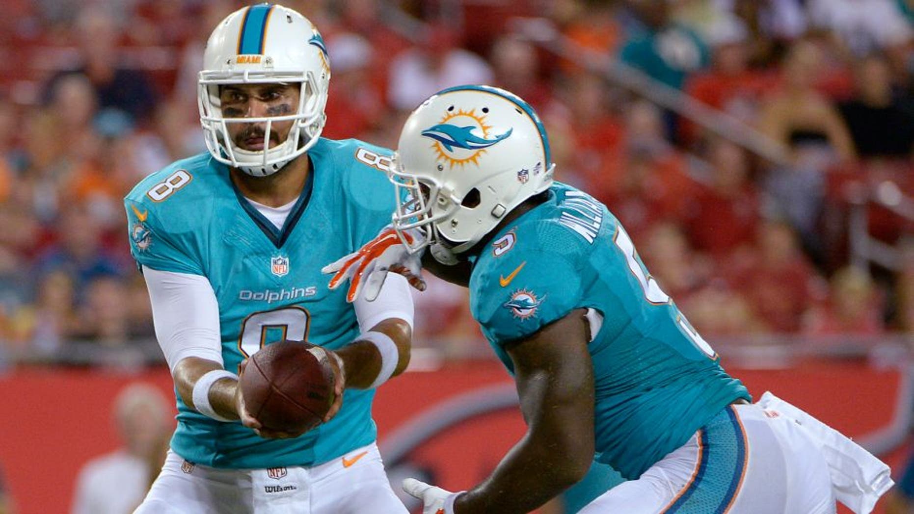 Miami Dolphins quarterback Matt Moore (8) hands off to running back Damien Williams (5) on a 1-yard touchdown run against the Tampa Bay Buccaneers during the third quarter of an NFL preseason football game Saturday, Aug. 16, 2014, in Tampa, Fla. (AP Photo/Phelan M. Ebenhack)