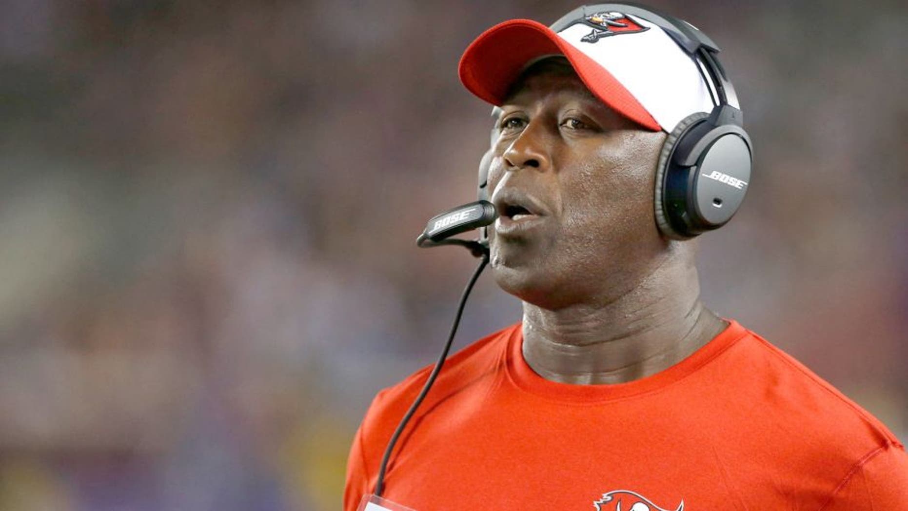 Aug 15, 2015; Minneapolis, MN, USA; Tampa Bay Buccaneers head coach Lovie Smith looks on during the preseason NFL football game with the Minnesota Vikings at TCF Bank Stadium. Mandatory Credit: Bruce Kluckhohn-USA TODAY Sports