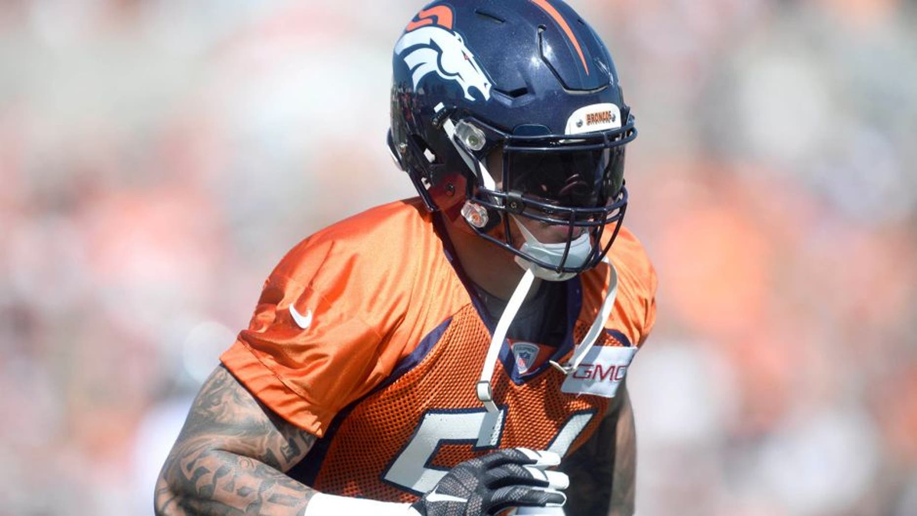 Jul 31, 2015; Englewood, CO, USA; Denver Broncos linebacker Shane Ray (56) during training camp activities at the UCHealth Training Center. Mandatory Credit: Ron Chenoy-USA TODAY Sports