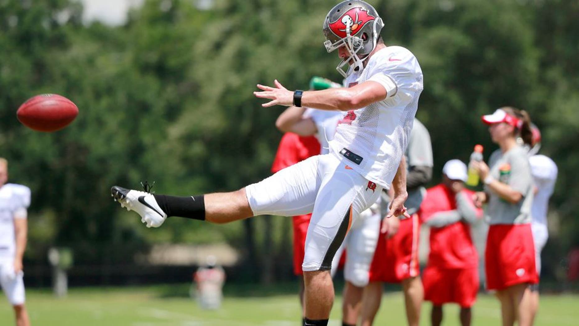 Aug 6, 2015; Tampa Bay, FL, USA; Tampa Bay Buccaneers punter Spencer Lanning (5) works out during training camp at One Buc Place. Mandatory Credit: Kim Klement-USA TODAY Sports